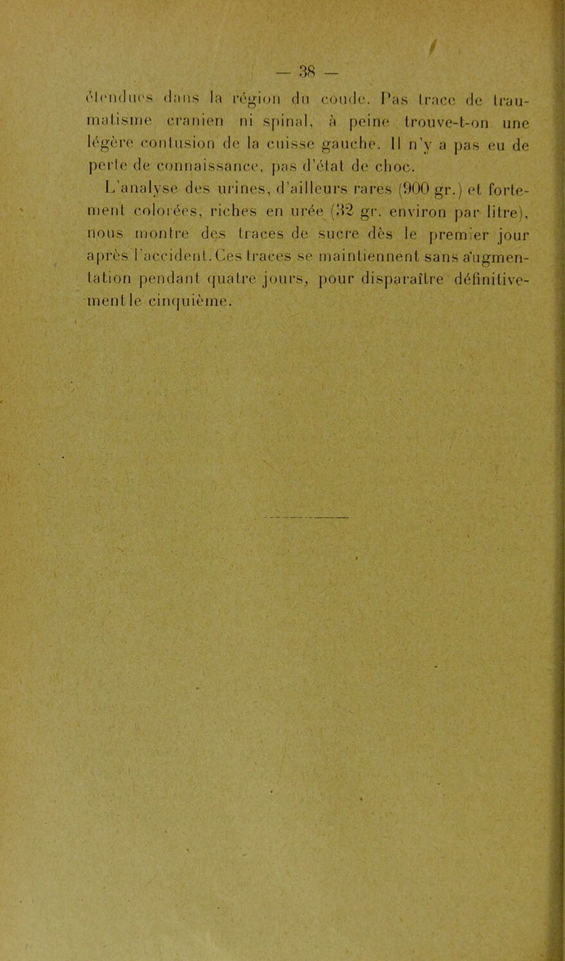 / i élend lies iIjiiis la région du coude. Pas trace de trau- matisme crânien ni spinal, à peine trouve-t-on une légère contusion de la cuisse gauche. Il n’y a pas eu de perle de connaissance, pas d’état de choc. L’analyse des urines, d’ailleurs rares (900 gr.) et forte- ment colorées, riches en urée (32 gr. environ par litre), nous montre des traces de sucre dès le premier jour après l'accident.Ces traces se maintiennent sans augmen- tation pendant quatre jours, pour disparaître définitive- ment le cinquième.