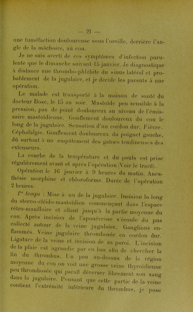 une tumélaction douloureuse sous I oreille, derrière l'on- gle de la mâchoire, au cou. Je ne suis averti de ces symptômes d’infection puru- lente cjue le dimanche suivant 15 janvier. Je diagnostique a distance une Ihrombo-phlébite du sinus latéral et pro- bablement de la jugulaire, et je décide les parents à une opération. Le malade est transporté à la maison de santé du docteur Bosç, le L> au soir. Masloïde peu sensible à la pression, pas de point douloureux au niveau de l’émis- saire mastoïdienne. Gonflement douloureux du cou le long de la jugulaire. Sensation d’un cordon dur. Fièvre. Céphalalgie. Gonflement douloureux du poignet gauche, dû surtout à un empâtement des gaînes tendineuses des extenseurs. La courbe de la température et du pouls est prise îégulierement avant et après l’opération (Voir le tracé). Opération le 16 janvier à I) heures du matin. Anes- thesie morphine et chloroforme. Durée de l’opération 2 heures J temps .Mise ;’i nu de la jugulaire. Incision lo long du sterno-cléido-mastoïdien commençant dans l’espace rétro-maxillaire et allant jusqu’à la partie moyenne du cou. Après incision de l’aponévrose s’écoule du pus collecté autour de la veine jugulaire. Ganglions en- Ilammés. Veine jugulaire thrombosée en cordon dur. -Igature de la veine et incision de sa paroi. L’incision delà plaie est agrandie pareil bas afin de chercher la m du thrombus. Un peu au-dessus de la région moyenne du cou on voit une grosse veine thyroïdienne peu thrombosée qui paraît déverser librement son sang dans la jugulaire. Pensant que cette partie de la veine contient I extrémité inférieure du thrombus, je pose