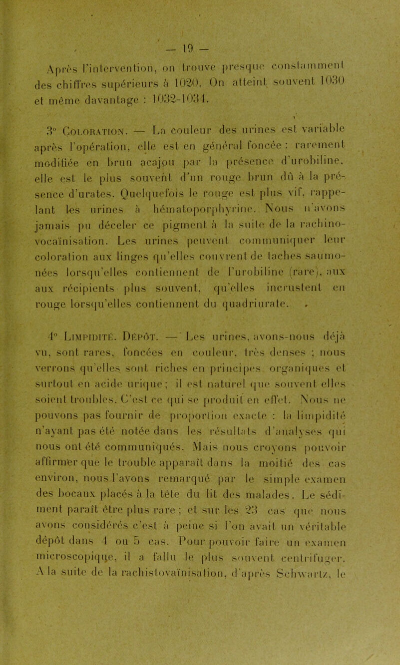 Apivs riiilervcniion, on li*ouvc [)i*cs(pio conslnmmcnl des chillVes supérieurs 1M20. Ou alleinl souveiil lOdO el même davanlaj^e : \ 3'’ Coi.ORATiON. — l^a eouleiii’ des urines est variable après l’opéralion, elle est en général foncée : rarement modiüée en brun acajpn par la présimce d ni'obiline, elle est le plus souvent d’un i-ouge brun dù à la |)ré- sence d’urates. Quebjmd'ois le i*oug(‘ est plus vil, rappe- lant les ui'ines à liémaloporj)liyriii('. Nous ii avons jamais pu décebu’ ce jiigimmt à la suiU‘ de la racliiuo- vocaïnisation. Les urines peuvent commnnitjuei* l<‘ui‘ coloration aux linges rprelles couviaml de laclu's saumo- nées lorsfju'elles contiennent de rui’obiline (l'arc/. aux aux réci[)ients plus souvent, qubdies incruslent (mi rouge lorsqu’elles contiennent du (piadiauralc*. L LiMpmm-;. Okcot. —' I.es ui-ines, avons-nous déjà vu, sont rares, foncées eu c.ouleui’, 1res denses ; nous V(‘rrons qu’elles sont ricdies en princip(‘s organi(pi(‘s el surtout ('U aci(l(' uri(|ii(‘; il esl uatuiad que souvent (db's soient troubles, (.^’esl c(‘ (jui se |)roduil en <‘ITet. Nous n<“ })ouvons pas fournir de propoiiiou exacte : la lim|)idilé n’ayant pas été notée dans les l’ésullals d’aiialvses qui nous ont été communiqués. Mais nous croyons pouvoir aflirmer que le trouble apparaît da us la moitié d('S cas environ, nous l’avons remai*qué pai* le simple i‘xamen des ])ocaux placés à la tète du lit des malades. Le sédi- ment paraît èti*e j)lus rare ; et sur l(‘S 2.‘> cas que nous avons considtM'és c’est à peine si Ibjii avail un véi'ilabb' dépôt dans 1 ou b cas. l^oui* pouvoir faire un ('xaimm inicroscopi«]lie, il a tallu b‘, plus souvent ccmtrifugau’. A la suite de la racliislovaïnisaliou, d'api-ès vScliwarlz, le