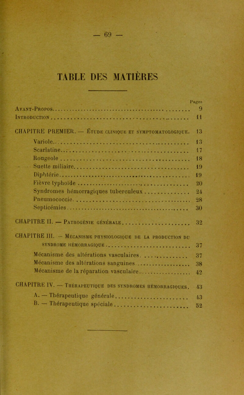 — 69 TABLE DES MATIÈRES Pages Avant-Propos 9 Introduction II CHAPITRE PREMIER. — Etude clinique et symptomatologique. 13 Variole 13 Scarlatine... 17 Rougeole 18 Suette miliaire 19 Diphtérie 19 Fièvre typhoïde 20 Syndromes hémorragiques tuberculeux 24 Pneumococcie 28 Septicémies 30 CHAPITRE II. — Patuogénie générale 32 CHAPITRE III, — Mécanisme pqysiologique de la production du SYNDROME HÉMORRAGIQUE 37 Mécanisme des altérations vasculaires 37 Mécanisme des altérations sanguines 38 Mécanisme de la réparation vasculaire 42 CHAPITRE IV. —Thérapeutique des syndromes hémorragiques. -43 A. — Thérapeutique générale 43 B- — Thérapeutique spéciale 52