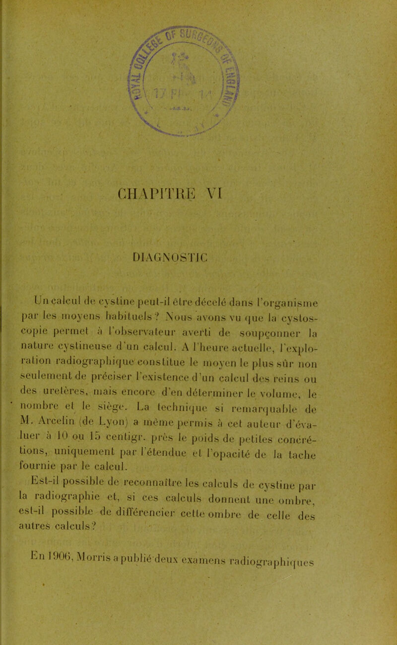 DIAGNOSTIC Un calcul de cvstine peut-il être décelé dans l’organisme par les moyens habituels? Nous avons vu que la cystos- copie permet a 1 observateur averti de soupçonner la nature cystineuse d’un calcul. A l’heure actuelle, l’explo- ration radiographique constitue le moyen le plus sûr non seulement de préciser l’existence d’un calcul des reins ou des uieleies, mais encore d eu déterminer le volume, le nombre et le siège. La technique si remarquable de M. Arcelin (de Lyon) a même permis à cet auteur d’éva- luer a 10 ou 15 centigr. près le poids de petites concré- tions, uniquement par l’étendue et l’opacité de la tache fournie par le calcul. Lst il possible de reconnaître les calculs de cvstine par la ladiogiaphie et, si ces calculs donnent une ombre, est-il possible de différencier cette ombre de celle des autres calculs? Lu 1906, Morris a publié d eux examens radiographiques