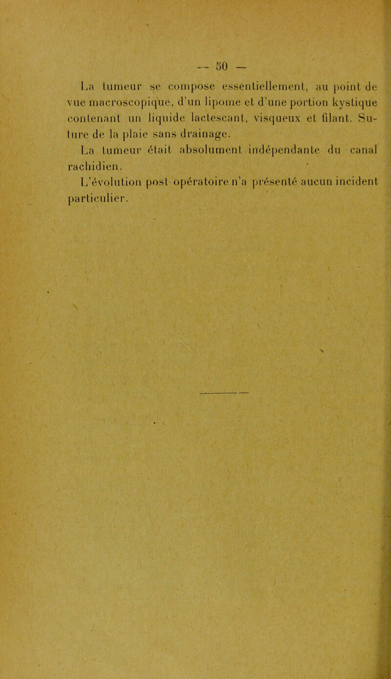 La tumeur se compose essentiellement, au point de vue macroscopique, d’un lipome et d’une portion kystique contenant un liquide lactescant, visqueux et filant. Su- ture de la plaie sans drainage. La tumeur était absolument indépendante du canal rachidien. L’évolution post opératoire n’a présenté aucun incident particulier. N