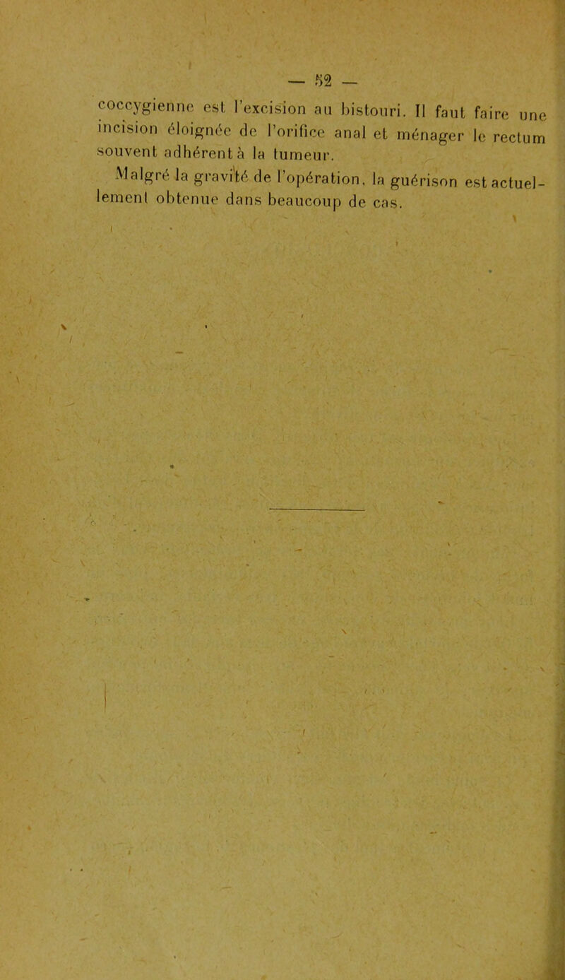 coccygienne est l’excision an bistouri. Ï1 faut faire une incision éloignée de l’orifice anal et ménager le rectum souvent adhérent à la tumeur. Malgré la gravité de l’opération, la guérison est actuel- lement obtenue dans beaucoup de cas. \ \ \ t . ' I » i
