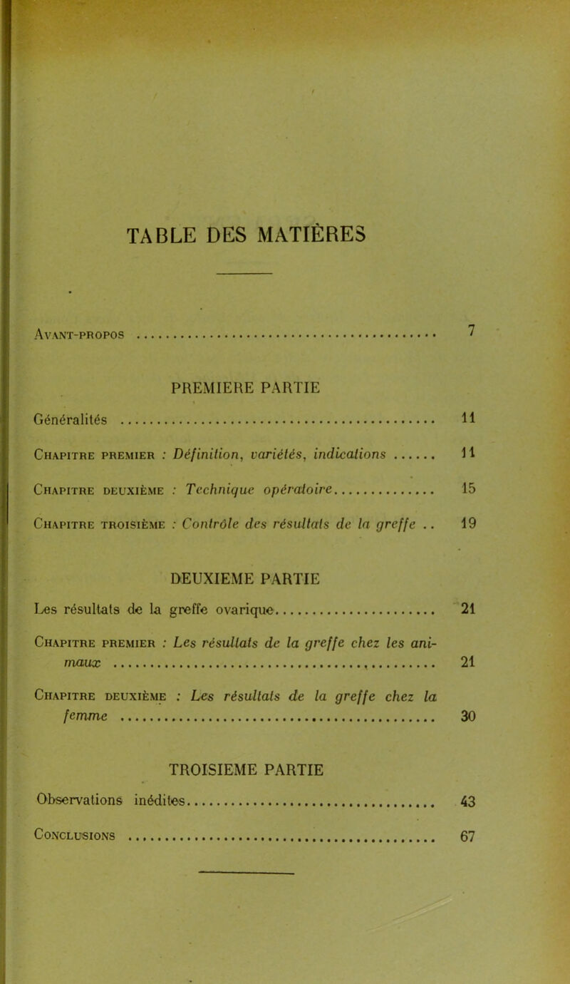 TABLE DES MATIÈRES Avant-propos 7 PREMIERE PARTIE » Généralités 11 Chapitre premier : Définition, variétés, indications 11 Chapitre deuxième : Technique opératoire 15 Chapitre troisième : Contrôle des résultats de la greffe .. 19 DEUXIEME PARTIE Les résultats de la greffe ovarique 21 Chapitre premier ; Les résultats de la greffe chez les ani- maux 21 Chapitre deuxième ; Les résultats de la greffe chez la femme 30 TROISIEME PARTIE Observations inédites 43 Conclusions 67