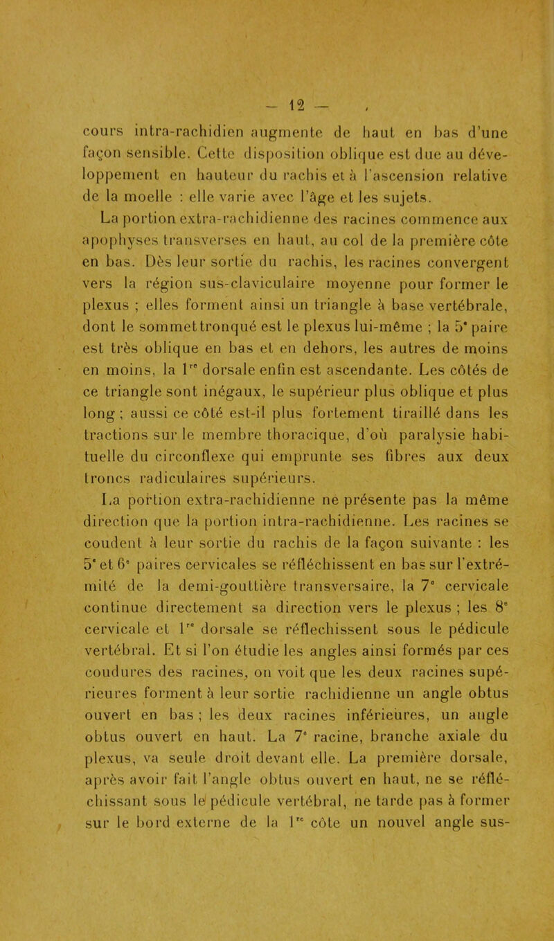 cours intra-rachidien augmente de liant en bas d’une façon sensible. Celte disposition oblique est due au déve- loppement en hauteur du i'achis et à l’ascension relative de la moelle : elle varie avec l’âge et les sujets. La portion extra-rachidienne des racines commence aux apophyses transverses en haut, au col de la première côte en bas. Dès leur sortie du rachis, les racines convergent vers la région sus-claviculaire moyenne pour former le plexus ; elles forment ainsi un triangle à base vertébrale, dont le sommet tronqué est le plexus lui-même ; la 5* paire est très oblique en bas et en dehors, les autres de moins en moins, la D' dorsale enfin est ascendante. Les côtés de ce triangle sont inégaux, le supérieur plus oblique et plus long; aussi ce côté est-il plus fortement tiraillé dans les tractions sur le membre thoracique, d’où paralysie habi- tuelle du circonflexe qui emprunte ses fibres aux deux troncs radiculaires supérieurs. La portion extra-rachidienne ne présente pas la même direction que la portion intra-rachidienne. Les racines se coudent â leur sortie du rachis de la façon suivante : les 5* et 6' paires cervicales se réfléchissent en bas sur l’extré- mité de la demi-gouttière transversaire, la 7“ cervicale continue directement sa direction vers le plexus ; les 8“ cervicale et L* dorsale se réfléchissent sous le pédicule vertébral. Et si l’on étudie les angles ainsi formés par ces coudures des racines^ on voit que les deux racines supé- rieures forment à leur sortie rachidienne un angle obtus ouvert en bas ; les deux racines inférieures, un angle obtus ouvert en haut. La 7* racine, branche axiale du plexus, va seule droit devant elle. La première dorsale, après avoir fait l’angle obtus ouvert en haut, ne se réflé- chissant sous lè pédicule vertébral, ne tarde pas à former sur le bord externe de la 1'* côte un nouvel angle sus-