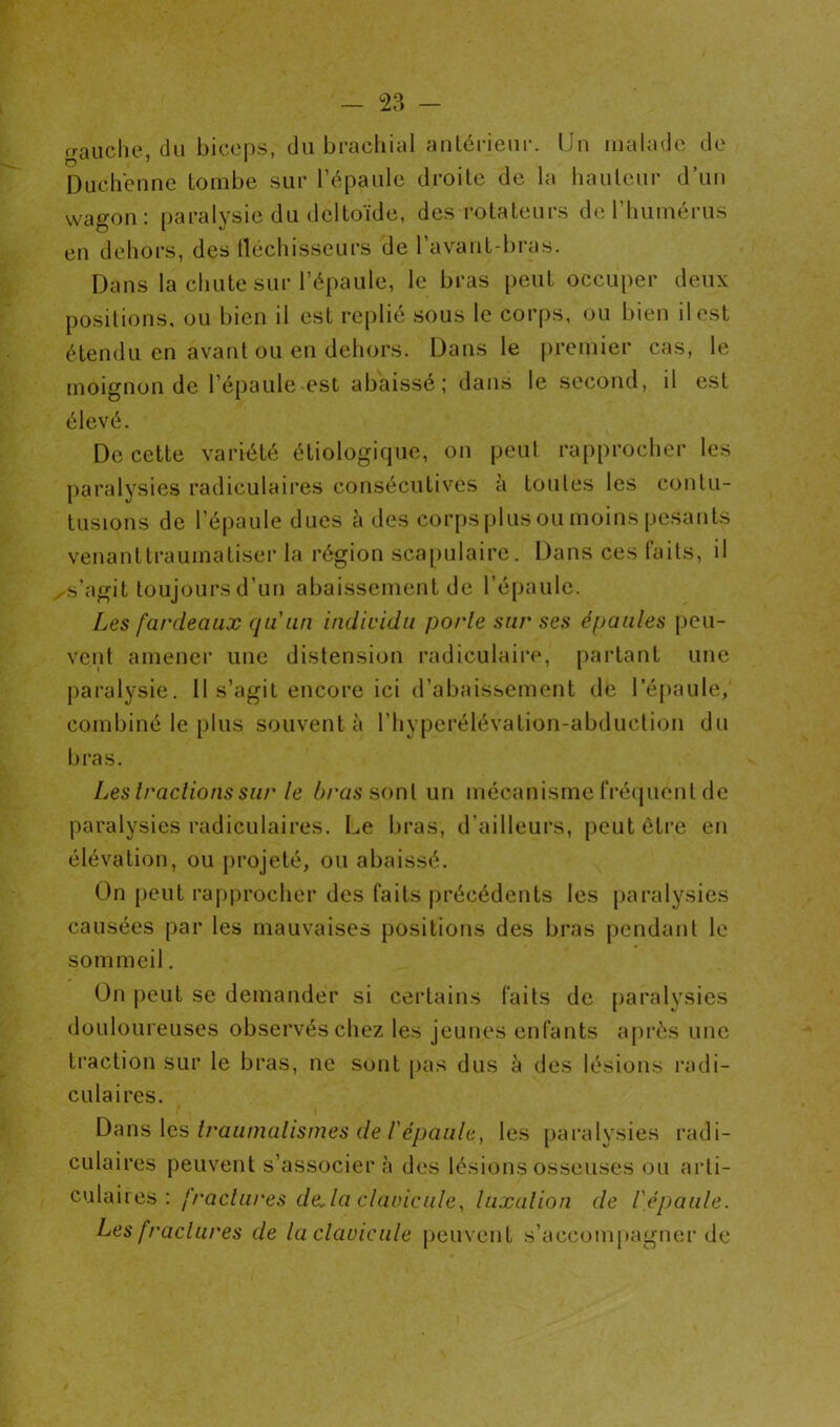 craiiclie, du bicoi)S, du brachial antérieur. Un malade de Duchénne tombe sur l’épaule droite de la hauteur d’un wagon: paralysie du deltoïde, des rotateurs de l’humérus en dehors, des tlécliisseurs de 1 avant-bras. Dans la chute sur l’épaule, le bras peut occuper deux positions, ou bien il est replié sous le corps, ou bien il est étendu en avant ou en dehors. Dans le premier cas, le moignon de l’épaule est abaissé; dans le second, il est élevé. De cette variété étiologique, on peut rapprocher les paralysies radiculaires consécutives à toutes les contu- tusions de l’épaule dues à des corps jjIlis ou moins pesants venanttraumatiser la région sca[)ulaire. Dans ces laits, il xs’agit toujours d’un abaissement de l’épaule. Les fardeaux qu'un individu porte sur ses épaules [)cu- vent amener une distension radiculaire, partant une paralysie. 11 s’agit encore ici d’abaissement de l’épaule, combiné le plus souvent à l’hyperélévation-abduction du bras. Les tractions sur le brasson[ un mécanisme rrécjuent de paralysies radiculaires. Le bras, d’ailleurs, peut être en élévation, ou projeté, ou abaissé. On [)eut rapprocher des faits précédents les paralysies causées par les mauvaises positions des bras pendant le sommeil. On peut se demander si certains faits de paralysies douloureuses observés chez les jeunes enfants après une traction sur le bras, ne sont pas dus à des lésions radi- culaires. \q,'s> Iraunmlismes de répaule, les [)aralysies radi- culaires peuvent s’associera des lésions osseuses ou arti- culaires : //’ac/«/‘e5 Je,/a c7aezcv//e, luxation de l'épaule. Les [raclures de la clavicule jjeuvent s’accompagner de