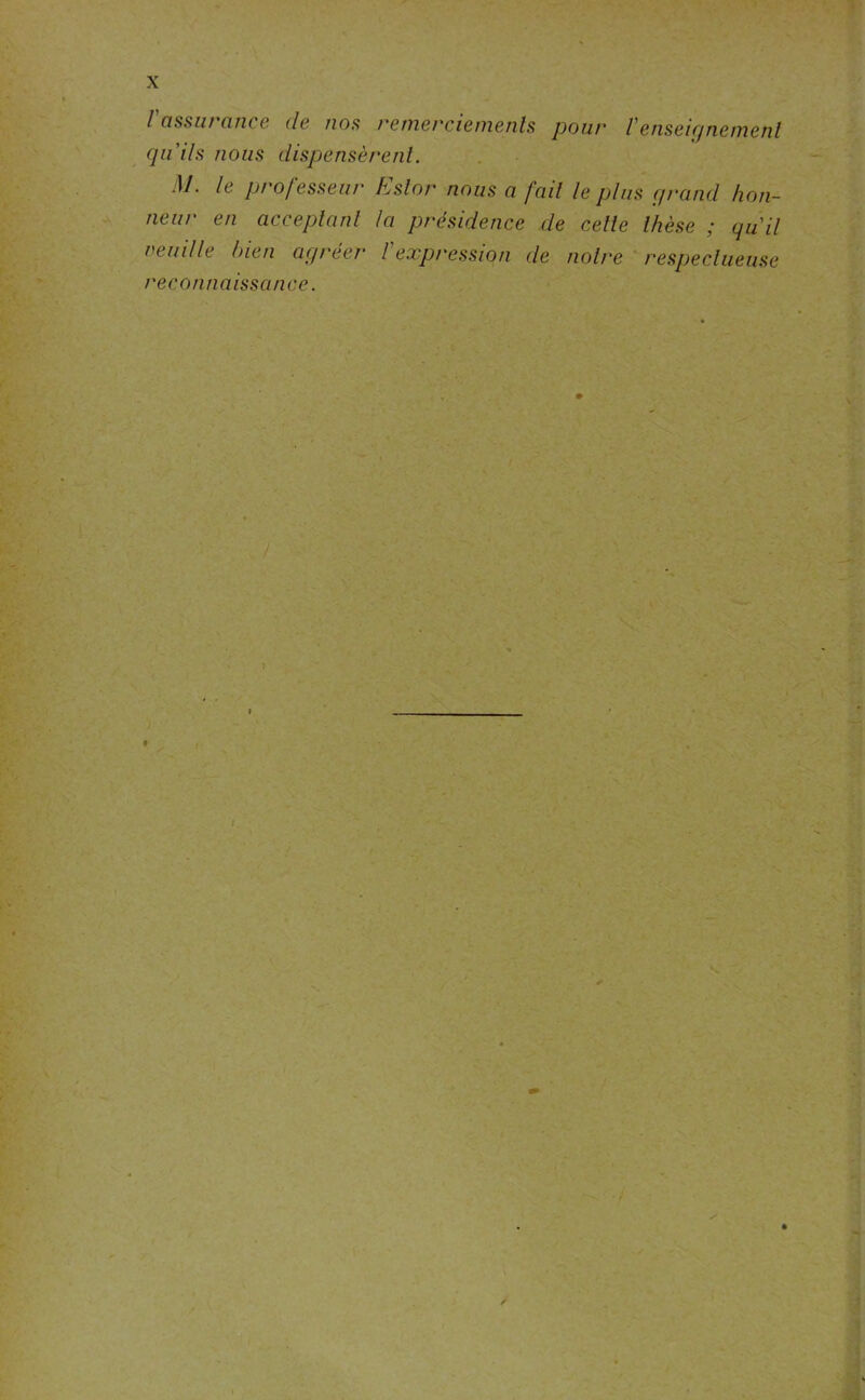 /'assurance de nos remerciements pour l'enseignement qu'ils nous dispensèrent. M. le professeur Estor nous a fait le plus grand hon- neur en acceptant la présidence de cette thèse ; qu'il veuille bien agréer l'expression de notre respectueuse reconnaissance. ;