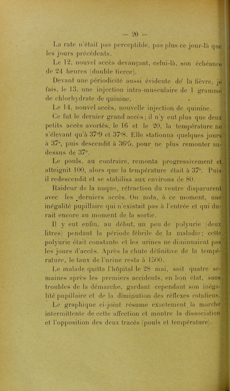 La rate n’était pas perceptible, pas plus ce jour-là que les jours précédents. Le 12, nouvel accès devançant, celui-là, son échéance de 24 heures (double tierce). Devant une périodicité aussi évidente de' la lièvre, je lais, le 13, une injection intra-musculaire de 1 gramme de chlorhydrate de quinine. Le 14, nouvel accès, nouvelle injection de quinine. Ce fut le dernier grand accès; il n’y eut plus que deux petits accès avortés, le 16 et le 20, la température ne s’élevant qu'à 37°9 et 37°8. Elle stationna quelques jours • à 37°, puis descendit à 36°5, pour ne plus remonter au- dessus de 37°. Le pouls, au contraire, remonta progressivement et atteignit 100, alors que la température était à 37°. Puis il redescendit et se stabilisa aux environs de 80. Raideur de la nuque, rétraction du ventre disparurent avec les ^derniers accès. On nota, à ce moment, une inégalité pupillaire qui n’existait pas à l’entrée et qui du- rait encore au moment de la sortie. Il y eut entin, au début, un peu de polyurie (deux litres) pendant la période fébrile de la maladie; cette polyurie était constante et les urines ne diminuaient pas les jours d’accès. Après la chute définitive de la tempé- rature, le taux de burine resta à 1500. Le malade quitta l’hôpital le 28 mai, soit quatre se- maines après les premiers accidents, en bon état, sans troubles de la démarche, gardant cependant son inéga- lité pupillaire et de la diminution des réflexes rotuliens. Le graphique ci-joint résume exactement la marché intermittente de cette affection et montre la dissociation et l’opposition des deux tracés (pouls et température). ;<■'*ksMMlÉr f' ■ il lïifiiinirÉtitti .... .