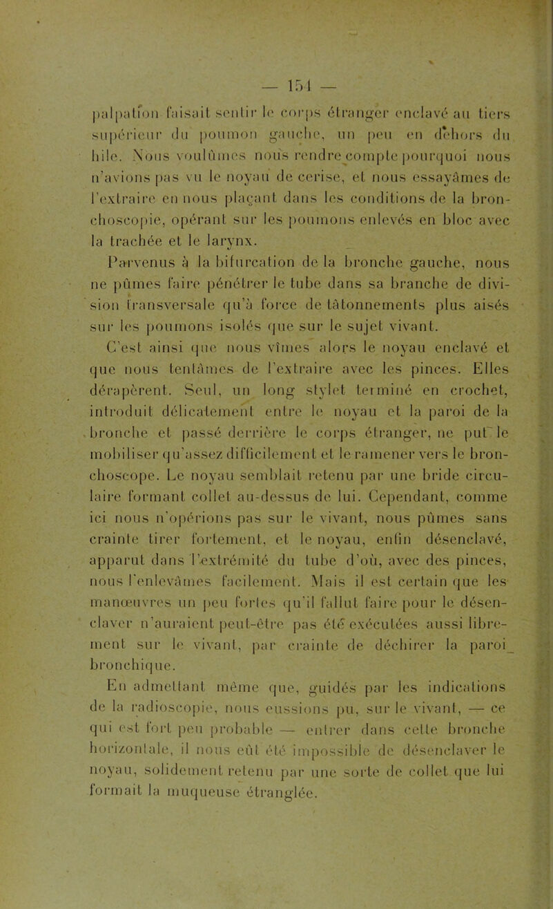 palpation faisait sentir le corps étranger enclavé au tiers supérieur du poumon gauche, un peu en dehors du hile. Nous voulûmes nous rendre compte pourquoi nous n’avions pas vu le noyau de cerise, et nous essayâmes de l'extraire en nous plaçant dans les conditions de la bron- choscopie, opérant sur les poumons enlevés en bloc avec la trachée et le larynx. Parvenus à la bifurcation delà bronche gauche, nous ne pûmes faire pénétrer le tube dans sa branche de divi- sion transversale qu’à force de tâtonnements plus aisés sur les poumons isolés que sur le sujet vivant. C’est ainsi que nous vîmes alors le noyau enclavé et que nous tentâmes de l’extraire avec les pinces. Elles dérapèrent. Seul, un long stylet terminé en crochet, introduit délicatement entre le noyau et la paroi de la bronche et passé derrière le corps étranger, ne puf le mobiliser qu’assez difficilement et le ramener vers le bron- choscope. Le noyau semblait retenu par une bride circu- laire formant collet au-dessus de lui. Cependant, comme ici nous n'opérions pas sur le vivant, nous pûmes sans crainte tirer fortement, et le noyau, enfin désenclavé, apparut dans l’extrémité du tube d’où, avec des pinces, nous l'enlevâmes facilement. Mais il est certain que les manœuvres un peu fortes qu'il fallut faire pour le désen- claver n’auraient peut-être pas été exécutées aussi libre- ment sur le vivant, par crainte de déchirer la paroi bronchique. En admettant même que, guidés par les indications de la radioscopie, nous eussions pu, sur le vivant, — ce qui est fort peu probable — entrer dans cette bronche horizontale, il nous eût été impossible de désenclaver le noyau, solidement retenu par une sorte de collet que lui formait la muqueuse étranglée.