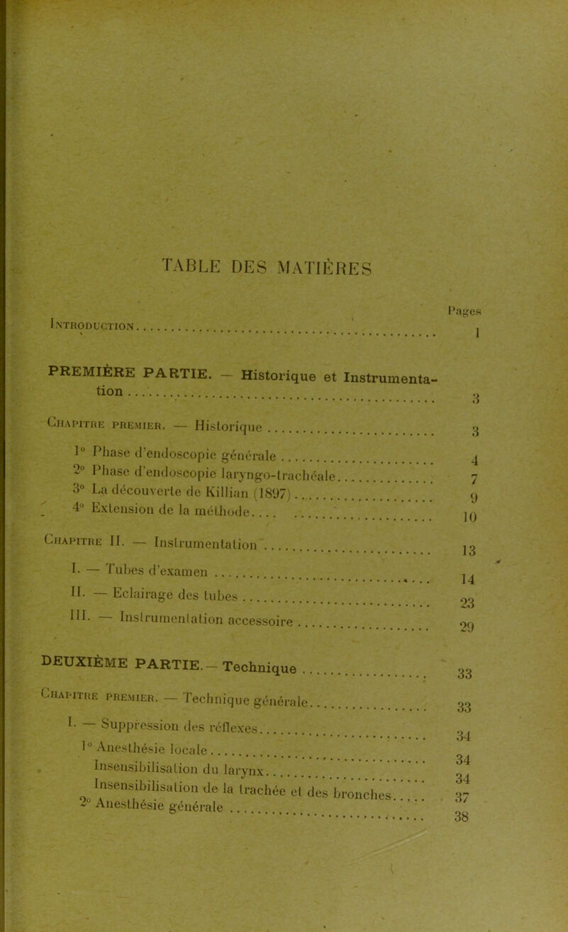 TABLE DES MATIÈRES Introduction PREMIÈRE PARTIE. — Historique et Instrumenta- tion ... Chapitre premier. — Historique I ’ Phase d endoscopie générale 2° Phase d’endoscopie laryngo-trachéale.. 3° La découverte de Killian (1897) 4° Extension de la méthode Chapitre IL — Instrumentation L — I ulies d’examen IL — Eclairage des tubes III. — Instrumentation accessoire DEUXIÈME PARTIE.-Technique Chapitre premier. — Technique générale ^ Suppression des réflexes lu Anesthésie locale Insensibilisation du larynx. Insensibilisation de la trachée et des bronches 2 Anesthésie générale Pages 1 3 3 4 / 9 10 13 14 23 29 33 33 34 34 34 37 38