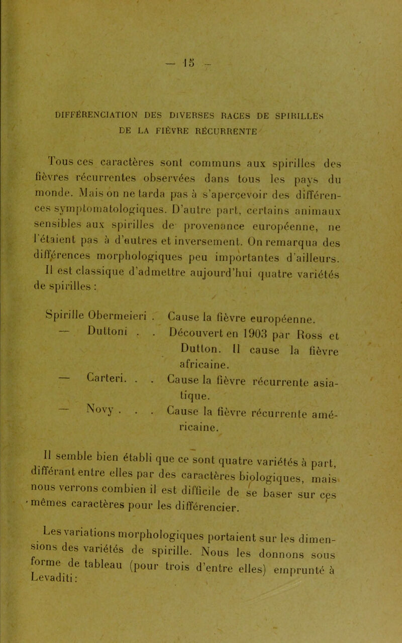 DIFFÉRENCIATION DES DIVERSES RACES DE SPIRILLES DE LA FIÈVRE RÉCURRENTE 1 ous ces caractères sont communs aux spirilles des fièvres récurrentes observées dans tous les pays du monde. Mais on ne tarda pas à s’apercevoir des différen- ces symptomatologiques. D’autre part, certains animaux sensibles aux spirilles de provenance européenne, ne 1 étaient pas à d’autres et inversement. On remarqua des différences morphologiques peu importantes d’ailleurs. 11 est classique d’admettre aujourd’hui quatre variétés de spirilles : Spnille Obermeieri . Cause la fièvre européenne. — Duttoni . . Découvert en 1903 par Ross et Dutton. Il cause la fièvre africaine. Carteri. . . Cause la fièvre récurrente asia- tique. Novy . . . Cause la fièvre récurrente amé- ricaine. Il semble bien établi que ce sont quatre variétés à part, différant.entre elles par des caractères biologiques, mais nous verrons combien il est difficile de se baser sur ces •memes caractères pour les différencier. Les variations morphologiques portaient sur les dimen- sions des variétés de spirille. Nous les donnons sous orme de tableau (pour trois d’entre elles) emprunté à Levaditi : 1