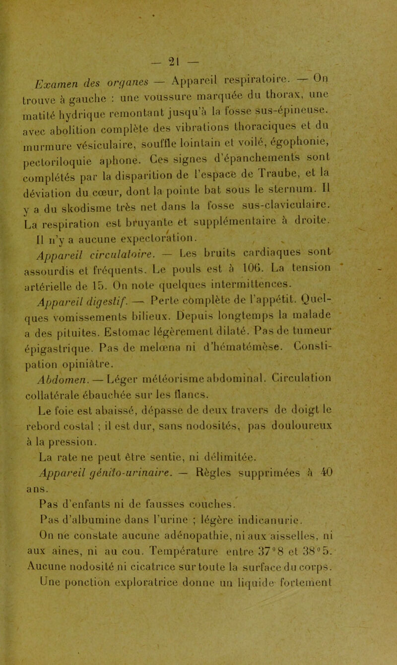 Examen des organes — Appareil respiratoire. — On trouve à gauche : une voussure marquée du thorax, une matité hydrique remontant jusqu’à la fosse sus-épineuse, avec abolition complète des vibrations thoraciques et du murmure vésiculaire, souffle lointain et voilé, égophonie, pectoriloquie aphone. Ces signes d épanchements sont complétés par la disparition de l’espace de Traube, et la déviation du cœur, dont la pointe bat sous le sternum. Il y a du skodisme très net dans la losse sus-claviculaire. La respiration est bruyante et supplémentaire à droite. Il n’y a aucune expectoration. Appareil circulatoire. — Les bruits cardiaques sont assourdis et fréquents. Le pouls est à 10G. La tension artérielle de 15. On note quelques intermittences. Appareil digestif. — Perte complète de l’appétit. Quel- ques vomissements bilieux. Depuis longtemps la malade a des pituites. Estomac légèrement dilaté. Pas de tumeur épigastrique. Pas de melœna ni d’hématémèse. Consti- pation opiniâtre. Abdomen. — Léger météorisme abdominal. Circulation collatérale ébauchée sur les flancs. Le foie est abaissé, dépasse de deux travers de doigt le rebord costal ; il est dur, sans nodosités, pas douloureux à la pression. La rate ne peut être sentie, ni délimitée. Appareil génito-urinaire. — Règles supprimées à 40 ans. Pas d’enfants ni de fausses couches. Pas d’albumine dans l’urine ; légère indicanurie. On ne constate aucune adénopathie, ni aux aisselles, ni aux aines, ni au cou. Température entre 37°8 et 38°5. Aucune nodosité ni cicatrice sur toute la surface du corps. Une ponction exploratrice donne un liquide fortement