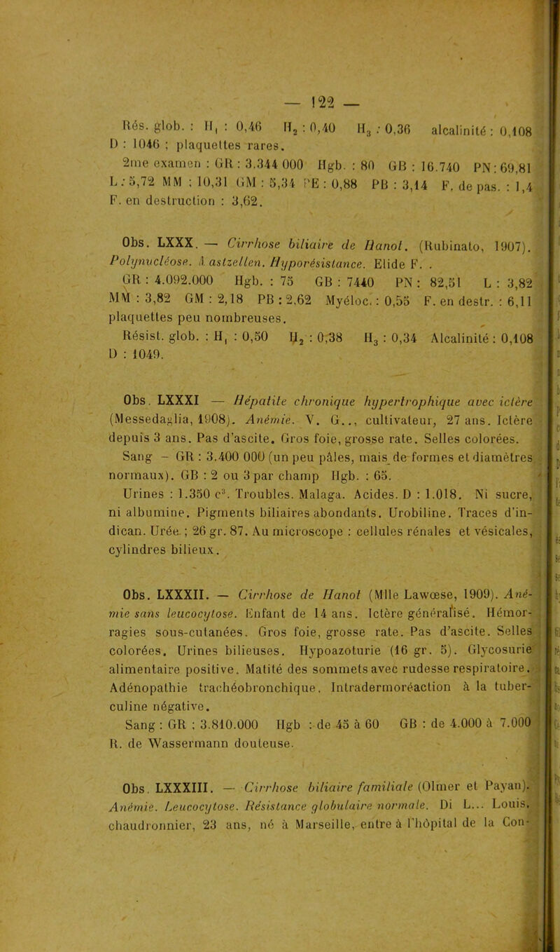Rés- è,ob- : H, : 0,46 H, : 0,40 H3 : 0,36 alcalinité : 0,108 1) : 1046 ; plaquettes rares. 2me examen : tilt : 3,344 000 Ilgb. : 80 G B : 16.740 PN: 69,81 L. 6,72 MM ,10,31 GM : 5,34 i'E : 0,88 PB : 3,14 F, de pas. : 1,4 F. en destruction : 3,62. Obs. LXXX. — Cirrhose biliaire de Hanoi. (Rubinato, 1007). . Polynucléose. A aslzellen. Hyporésistance. Elide F. . GR: 4.092.000 Hgb. : 75 GB : 7440 PN: 82,51 L : 3,82 MM : 3,82 GM : 2,18 PB : 2,62 Myéloc. : 0,55 F. en destr. : 6,11 plaquettes peu nombreuses. Résist. glob. : H, : 0,50 1J2 : 0,38 H3 : 0,34 Alcalinité : 0,108 1) : 1049. Obs. LXXXI — Hépatite chronique hypertrophique avec ictère (Messeda^lia, 1908). Anémie. V. G.., cultivateur, 27 ans. Ictère depuis 3 ans. Pas d’ascite. Gros foie, grosse rate. Selles colorées. Sang - GR : 3.400 000 (un peu pâles, mais de formes et diamètres normaux). GB : 2 ou 3 par champ I-Igb. : 65. Urines : 1.350 c3. Troubles. Malaga. Acides. D : 1.018. Ni sucre, ni albumine. Pigments biliaires abondants. Urobiline. Traces d’in- dican. Urée ; 26 gr. 87. Au microscope : cellules rénales et vésicales, cylindres bilieux. Obs. LXXXII. — Cirrhose de Hanot (Mlle Lawœse, 1909). Ané- mie sans leucocytose. Enfant de 14 ans. Ictère générafisé. Hémor- ragies sous-cutanées. Gros foie, grosse rate. Pas d’ascite. Selles colorées. Urines bilieuses. Hypoazoturie (16 gr. 5). Glycosurie alimentaire positive. Matité des sommets avec rudesse respiratoire. . Adénopathie traehéobronchique. Intradermoréaction à la tuber- culine négative. Sang : GR ; 3.810.000 Ilgb : de 45 à 60 GB : de 4.000 à 7.000 R. de Wassermann douteuse. Obs. LXXXIII. — Cirrhose biliaire familiale (Olmer et Payan).l Anémie. Leucocytose. Résistance y lobulaire normale. Di L... Louis, • i