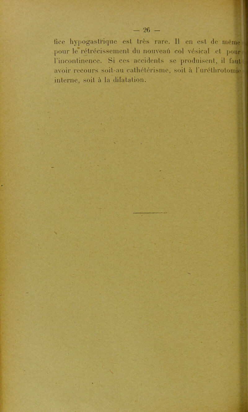 lice hypogastrique est très rare. Il en est de même pour le*rétrécissement 'du nouveaû col vésical et pour l'incontinence. Si ces accidents se produisent, il faut avoir recours soit-au cathétérisme, soit à ruréthrotomic interne, soit è la dilatation. N