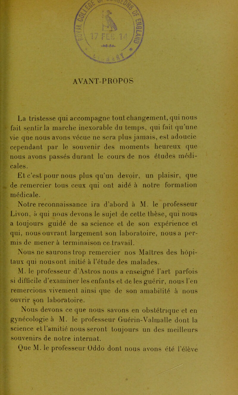 AVANT-PROPOS La tristesse qui accompagne tout changement, qui nous fait sentir la marche inexorable du temps, qui fait qu’une vie que nous avons vécue ne sera plus jamais, est adoucie cependant par le souvenir des moments heureux que nous avons passés durant le cours de nos études médi- cales. Et c’est pour nous plus qu’un devoir, un plaisir, que de remercier tous ceux qui ont aidé à notre formation médicale. l Notre reconnaissance ira d’abord à M. le professeur Livon, à qui nous devons le sujet de cette thèse, qui nous a toujours guidé de sa science et de son expérience et qui, nous ouvrant largement son laboratoire, nous a per- mis de mener à terminaison ce travail. Nous ne saurons trop remercier nos Maîtres des hôpi- taux qui nousont initié à l’étude des malades. M. le professeur d’Astros nous a enseigné l’art parfois si difficile d’examiner les enfants et de les guérir, nous l’en remercions vivement ainsi que de son amabilité à nous ouvrir §on laboratoire. Nous devons ce que nous savons en obstétrique et en gynécologie à M. le professeur Guérin-Valmalle dont la science et l’amitié nous seront toujours un des meilleurs souvenirs de notre internat. Que M. le professeur Oddo dont nous avons été l’élève