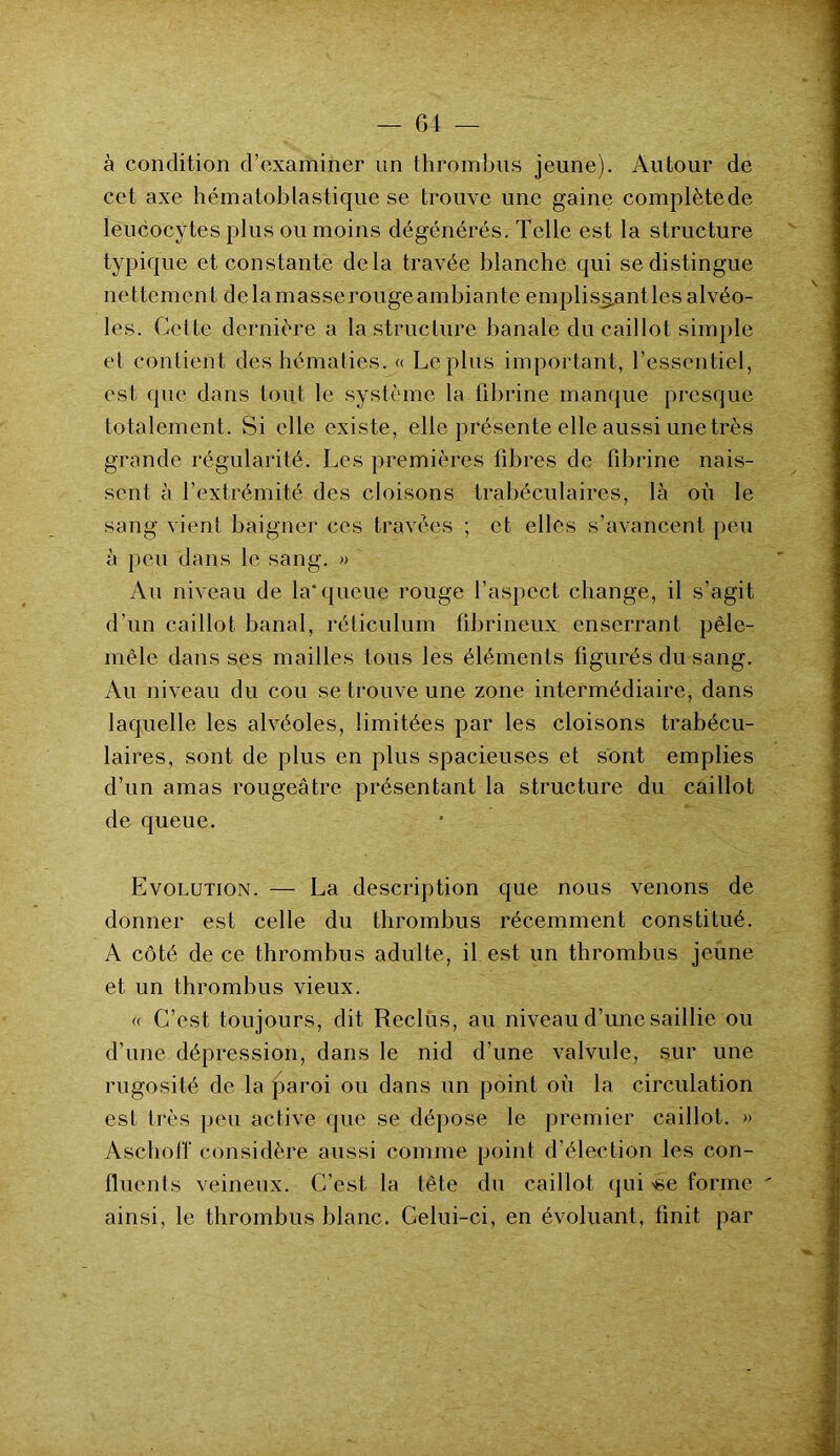 à condition d’examiner un thrombus jeune). Autour de cet axe hématoblastique se trouve une gaine complète do leucocytes plus ou moins dégénérés. Telle est la structure typique et constante delà travée blanche qui se distingue nettement de la masse rouge ambiante emplissant les alvéo- les. Cette dernière a la structure banale du caillot simple et contient des hématies. « Lopins important, l’essentiel, est que dans tout le système la fibrine manque presque totalement. Si elle existe, elle présente elle aussi une très grande régularité. Les premières fibres de fibrine nais- sent à l’extrémité des cloisons trabéculaires, là où le sang vient baigner ces travées ; et elles s’avancent peu à peu dans le sang. » Au niveau de la’queue rouge l’aspect change, il s’agit d’un caillot banal, réticulum fibrineux enserrant pêle- mêle dans ses mailles tous les éléments figurés du sang. Au niveau du cou se trouve une zone intermédiaire, dans laquelle les alvéoles, limitées par les cloisons trabécu- laires, sont de plus en plus spacieuses et sont emplies d’un amas rougeâtre présentant la structure du caillot de queue. Evolution. — La description que nous venons de donner est celle du thrombus récemment constitué. A côté de ce thrombus adulte, il est un thrombus jeune et un thrombus vieux. « C’est toujours, dit Reclus, au niveau d’une saillie ou d’une dépression, dans le nid d’une valvule, sur une rugosité de la paroi ou dans un point où la circulation est très peu active que se dépose le premier caillot. » Aschoff considère aussi comme point d’élection les con- fluents veineux. C’est la tête du caillot qui «e forme  ainsi, le thrombus blanc. Celui-ci, en évoluant, finit par