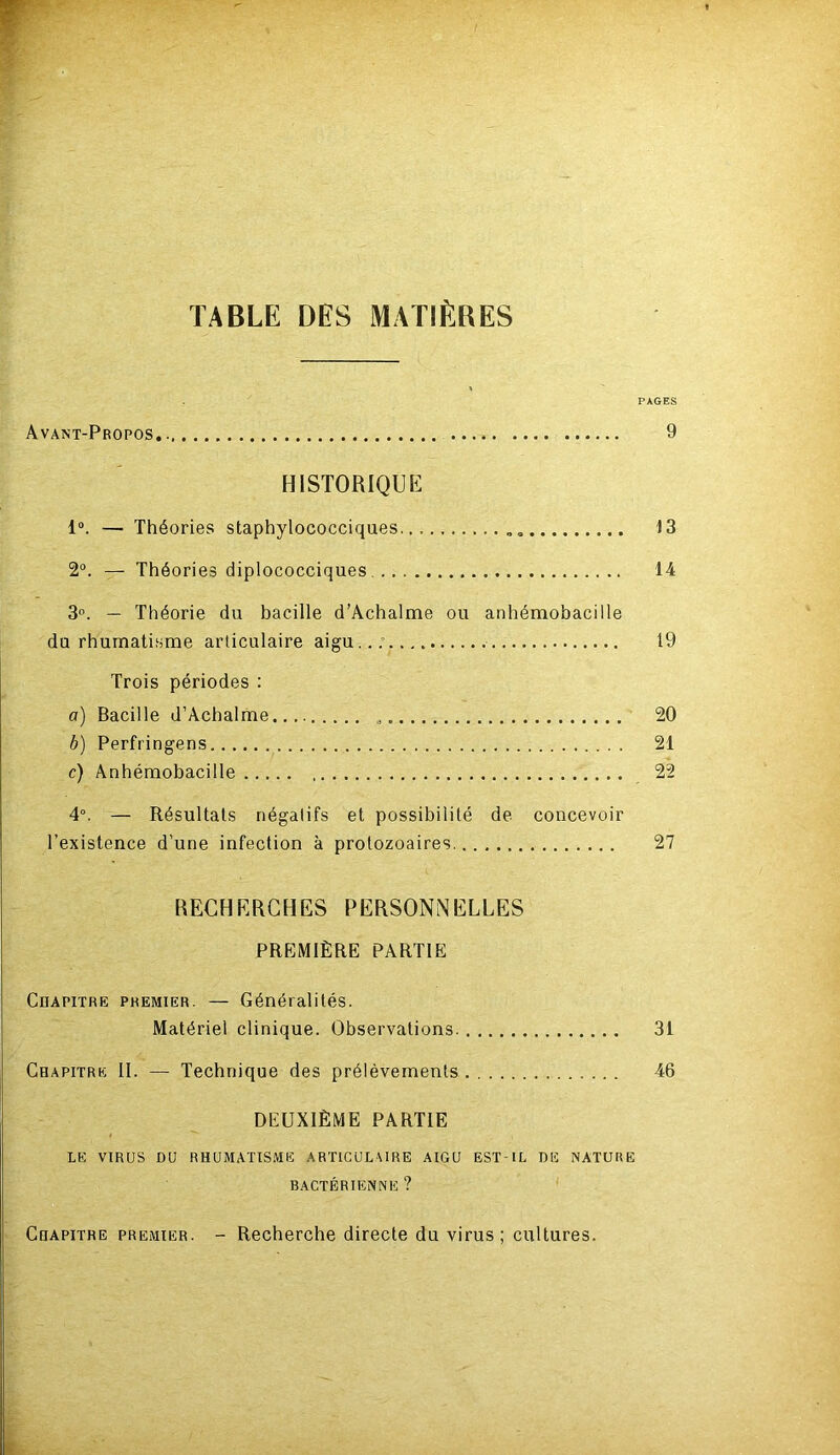 TABLE DES MATIÈRES PAGES Avant-Propos. 9 HISTORIQUE 1°. — Théories staphylococciques 13 2°. — Théories diplococciques 14 3. — Théorie du bacille d’Achalme ou anhémobacille du rhumatisme articulaire aigu..; 19 Trois périodes : a) Bacille d’Achalme.... 20 b) Perfringens 21 c) Anhémobacille 22 4°. — Résultats négatifs et possibilité de concevoir l’existence d’une infection à protozoaires 27 RECHERCHES PERSONNELLES PREMIÈRE PARTIE Cdapitre premier. — Généralités. Matériel clinique. Observations 31 Chapitre II. — Technique des prélèvements 46 DEUXIÈME PARTIE LE VIRUS DU RHUMATISME ARTICULAIRE AIGU EST-IL DE NATURE BACTÉRIENNE ? Chapitre premier. - Recherche directe du virus; cultures. i