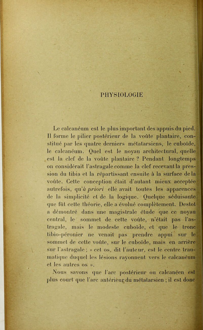 PHYSIOLOGIE Le calcanéum est le plus important des appuis du pied.i Il forme le pilier postérieur de la voûte plantaire, con-1 stitué par les quatre derniers métatarsiens, le cuboïde,| le calcanéum. Quel est le noyau architectural, queller, est la clef de la voûte plantaire ? Pendant longtemps^ on considérait l’astragale comme la clef recevant la pres-| sion du tibia et la répartissant ensuite à la surface delà voûte. Cette conception était d’autant mieux acceptée^i autrefois, qu’à priori elle avait toutes les apparences de la simplicité et de la logique. Quelque séduisante que fût cette théorie, elle a évolué complètement. Destot a démontré dans une magistrale étude que ce noyau central, le sommet de cette voûte, n’était pas l’as- tragale, mais le modeste cuboïde, et que le tronc tibio-péronier ne venait pas prendre appui sur le sommet de cette voûte, sur le cuboïde, mais en arrière - sur l’astragale ; « cet os, dit l’auteur, est le centre trau- mati(]iie duquel les lésions rayonnent vers le calcanéum et les autres os ». Nous savons que l’arc postérieur ou calcanéen est plus court que l’arc antérieur du métatarsien ; il est donc