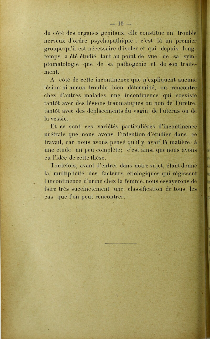 du côté des organes génitaux, elle constitue un trouble» nerveux d’ordre psychopathique ; c’est là un premier;, groupe qu’il est nécessaire d’isoler et qui depuis long- t., temps a été étudié tant au point de vue de sa sym-ÿ ptomatologie que de sa pathogénie et de son traite-f- ment. A côté de cette incontinence que n’expliquent aucune’: lésion ni aucun trouble bien déterniiné, on rencontre chez d’autres malades une incontinence qui coexiste tantôt avec des lésions traumatiques ou non de l’urètre, tantôt avec des déplacements du vagin, de l’utérus ou de la vessie. Et ce sont ces variétés particulières d’incontinence urétrale que nous avons l’intention d’étudier dans ce travail, car nous avons pensé qu’il y avait* là matière à une étude un peu complète; c’est ainsi que nous avons eu l’idée de cette thèse. Toutefois, avant d’entrer dans notre sujet, étant donné la multiplicité des facteurs étiologiques qui régissent l’incontinence d’urine chez la femme, nous essayerons de faire très succinctement une classification de tous les cas que l’on peut rencontrer.