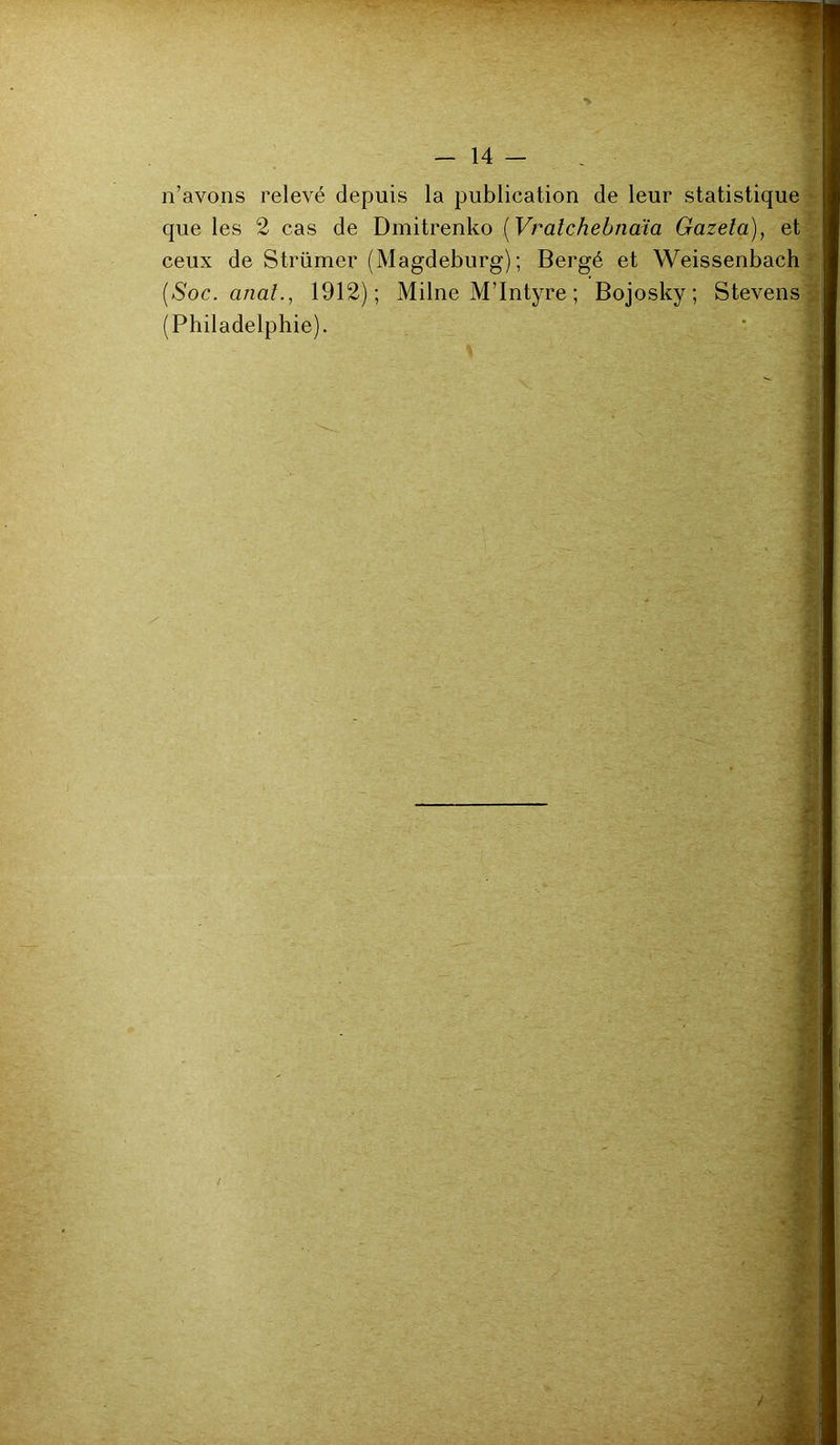 n’avons relevé depuis la publication de leur statistique que les 2 cas de Dmitrenko ( Vratchebnaïa Gazeta), et ceux de Strümer (Magdeburg); Bergé et Weissenbach [Soc. anal., 1912); Milne M’Intyre ; Bojosky ; Stevens (Philadelphie). ci ’C ' v kv