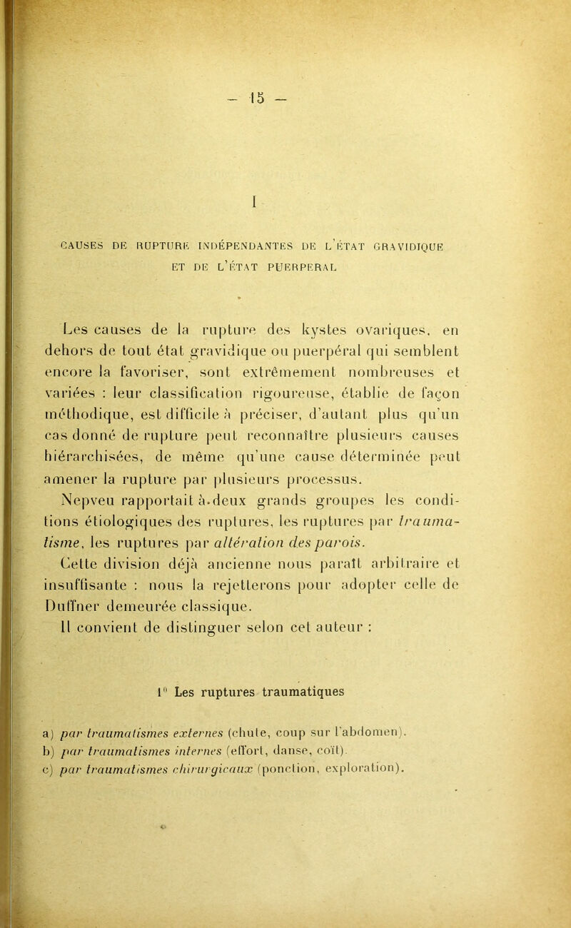 I CAUSES DE RUPTURE INDÉPENDANTES DE l’ÉTAT GRAVIDIQUE ET DE l’eTAT PUERPERAL Les causes de la rupture des kystes ovariques, en dehors de tout état gravidique ou puerpéral qui semblent encore la favoriser, sont extrêmement nombreuses et variées ; leur classification rigoureuse, établie de façon méthodique, est difficile à préciser, d’autant plus qu’un cas donné de rupture peut reconnaître plusieurs causes hiérarchisées, de même qu’une cause déterminée peut amener la rupture par plusieurs processus. Nepveu rapportait à.deux grands groupes les condi- tions étiologiques des ruptures, les ruptures jiar Irauma- tisme, les ruptures par altération des parois. Cette division déjà ancienne nous paraît arbitraire et insuffisante : nous la rejetterons pour adopter celle de Duffner demeurée classique. Il convient de distinguer selon cet auteur : 1 Les ruptures traumatiques a) par traumatismes externes (chute, coup sur l’abdomen). b) par traumatismes internes (elï'ort, danse, coït). c) par traumatismes chirurgicaux (ponction, exploration).