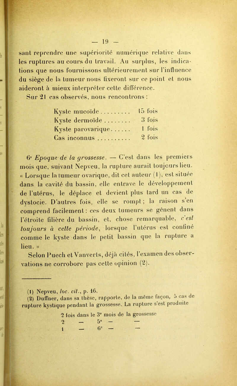 sant reprendre une supériorité numérique relative dans les ruptures au cours du travail. Au surplus, les indica- tions que nous fournissons ultérieurement sur l’influence du siège de la tumeur nous fixeront sur ce point et nous aideront à mieux interpréter cette différence. Sur 21 cas observés, nous rencontrons : Kyste mucoïde 15 fois Kyste dermoïde 3 fois Kyste parovarique 1 fois Cas inconnus 2 fois 6° Epoque de la grossesse. — C’est dans les premiers mois que, suivant Nepveu, la rupture aurait toujours lieu. « Lorsque la tumeur ovarique, dit cet auteur ( I ), est située dans la cavité du bassin, elle entrave le développement de l’utérus, le déplace et devient plus tard un cas de dystocie. D’autres fois, elle se rompt ; la raison s en comprend facilement: ces deux tumeurs se gênent dans l’étroite filière du bassin, et, chose remarquable, c esl toujours à celle période^ lorsque l’utérus est confiné comme le kyste dans le petit bassin que la rupture a lieu. » Selon Puech et Vanverls, déjà cités, l’examen des obser- vations ne corrobore pas cette opinion (2). (1) Nepveu, loc. cil., p. 16. (2) Duffner, dans sa thèse, rapporte, de la même façon, 5 cas de rupture kystique pendant la grossesse. La rupture s est pioduite 2 fois dans le 3® mois de la grossesse 2 — 5® - — 1 — 6® — —