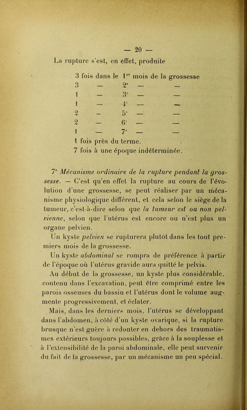 La rupture s’est, en effet, produite 3 fois dans le l mois de la grossesse 3 _ 2' — _ I - 3= — — 1 _ 4^ _ _ 2 - 5^- — — 2 - 6^ — — \ — T — _ 1 fois près du terme. i 7 fois à une époque indéterminée. 7° Mécanisme ordinaire de la rupture pendant la gros- sesse. — C’est qu’en effet la rupture au cours de l’évo- lution d’une grossesse, se peut réaliser par un méca- nisme physiologique différent, et cela selon le siège de la tumeur, c’est-à-dire selon que la tumeur est ou non pel- vienne, selon que l utérus est encore ou n’est plus un organe pelvien. Un kyste pelvien se rupturera plutôt dans les tout pre- miers mois de la grossesse. Un kyste abdominal se rompra de préférence à partir de l’époque où l’utérus gravide aura quitté le pelvis. Au début de la grossesse, un kyste plus considérable, contenu dans l’excavation, peut être comprimé entre les parois osseuses du bassin et l’utérus dont le volume aug- mente progressivement, et éclater. Mais, dans les derniers mois, l’utérus se développant dans l’abdomen, à côté d’un kyste ovarique, si la rupture brusque n’est guère à redouter en dehors des traumatis- mes extérieurs toujours possibles, grâce à la souplesse et à l’extensibilité de la paroi abdominale, elle peut survenir du fait delà grossesse, par un mécanisme un peu spécial.