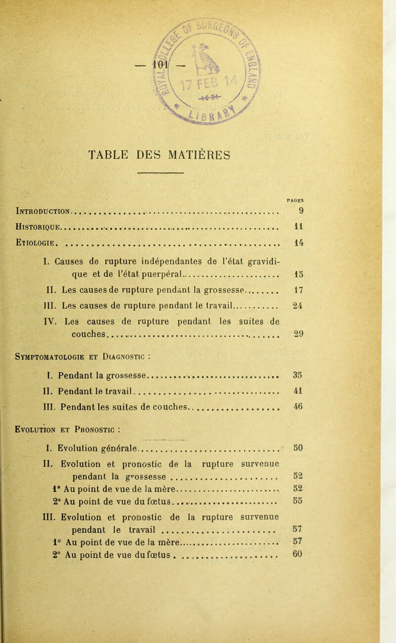 t p-* ■ 4“-. ^V- TABLE DES MATIÈRES t ! Introduction !(■ Historique... t Etiologie I- I I. Causes de rupture indépendantes de l’état gravidi- |. que et de l’état puerpéral ^ IL Les causes de rupture pendant la grossesse ^ ■ ^ III. Les causes de rupture pendant le travail ^ IV. Les causes de rupture pendant les suites de ï:. couches Symptomatologie et Diagnostic : ^ I. Pendant la grossesse 4; II. Pendant le travail III. Pendant les suites de couches S Evolution et Pronostic : I. Evolution générale IL Evolution et pronostic de la rupture survenue pendant la g>’ossesse 1® Au point de vue de la mère 2“ Au point de vue du fœtus III. Evolution et pronostic de la rupture survenue pendant le travail 1° Au point de vue de la mère 2“ Au point de vue du fœtus , .. PAGES 9 11 14 16 17 24 29 35 41 46 50 52 52 55 57 57 60 •S