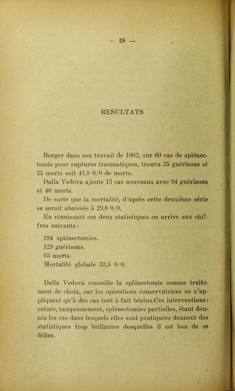 RESULTATS Berger dans son travail de 1902, snr 60 cas de splénec- tomie pour ruptures traumatiques, trouva 35 guérisons et 25 morts soit 41,8 0/0 de morts. Dalla Vedova ajoute 13 cas nouveaux avec 94 guérisons et 40 morts. De sorte que la mortalité, d’après cette deuxième série se serait abaissée à 29,8 0/0. Eu réunissant ces deux statistiques on arrive aux chif- fres suivants: 194 splénectomies. 129 guérisons. 65 morts. Mortalité globale 33,5 0/0. Dalla Vedova conseille la splénectomie comme traite- ment de choix, car les opérations conservatrices ne s’ap- pliquent qu’à des cas tout à fait bénins.Ces interventions: suture, tamponnement, splénectomies partielles, étant don- nés les cas dans lesquels elles sont pratiquées donnent des statistiques trop brillantes desquelles il est bon de se défier.