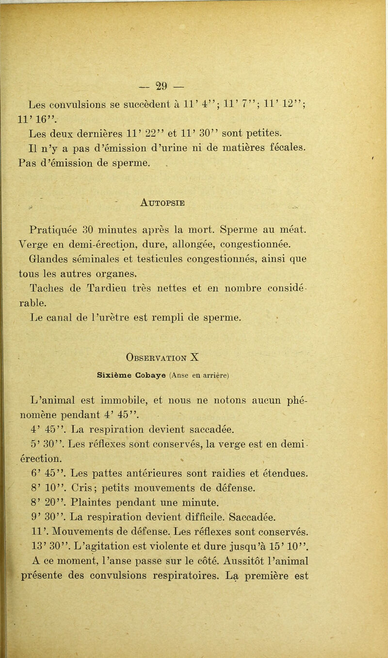 Les convulsions se succèdent à 11’ 4”; 11’ 7”; 11’ 12”; 11’ 16”. Les deux dernières 11’ 22” et 11’ 30” sont petites. Il n’y a pas d’émission d’urine ni de matières fécales. Pas d’émission de sperme. Autopsie •y - *•-'* Pratiquée 30 minutes après la mort. Sperme au méat. Verge en demi-érection, dure, allongée, congestionnée. Glandes séminales et testicules congestionnés, ainsi que tous les autres organes. Taches de Tardieu très nettes et en nombre considé- rable. Le canal de l’urètre est rempli de sperme. Observation X Sixième Cobaye (Anse en arrière) L’animal est immobile, et nous ne notons aucun phé- nomène pendant 4’ 45”. 4’ 45”. La respiration devient saccadée. 5’ 30”. Les réflexes sont conservés, la verge est en demi- érection. 6’ 45”. Les pattes antérieures sont raidies et étendues. 8’ 10”. Cris; petits mouvements de défense. 8’ 20”. Plaintes pendant une minute. 9’ 30”. La respiration devient difficile. Saccadée. 11 ’. Mouvements de défense. Les réflexes sont conservés. 13’ 30”. L’agitation est violente et dure jusqu’à 15’ 10”. A ce moment, l’anse passe sur le côté. Aussitôt l’animal présente des convulsions respiratoires. La première est