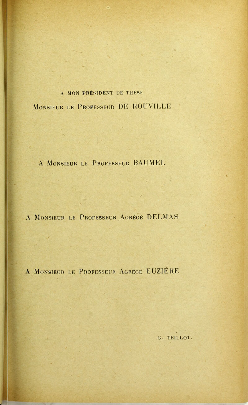 A MON PRÉSIDENT DE THESE Monsieur le Professeur DE ROUVILLE A Monsieur le Professeur BAUMEL A Monsieur le Professeur Agrégé DELMAS A Monsieur le Professeur Agrégé EUZIÈRE
