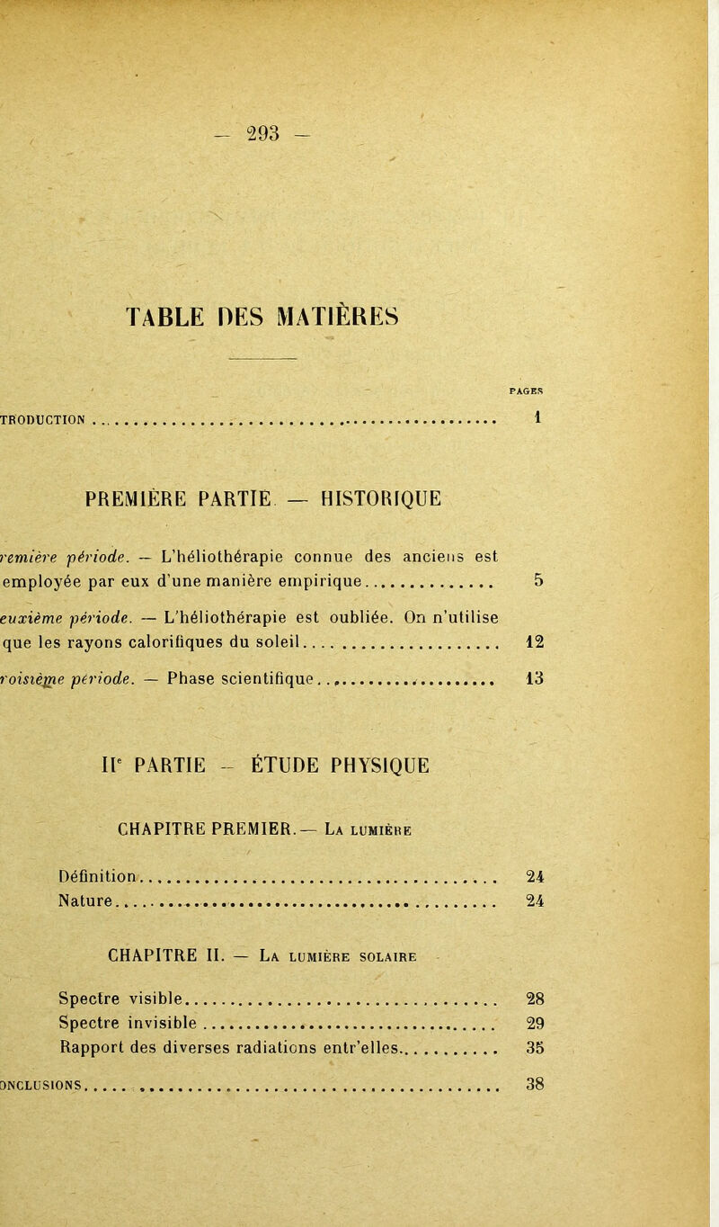 TABLE DES MATIÈRES PAGES TBODÜCTION . 1 PREMIÈRE PARTIE — HISTORIQUE remière période. — L’héliothérapie connue des anciens est employée par eux d’une manière empirique 5 euxième période. — L’héliothérapie est oubliée. On n’utilise que les rayons calorifiques du soleil 12 roisièjne période. — Phase scientifique.., 13 IP PARTIE - ÉTUDE PHYSIQUE CHAPITRE PREMIER.— La lumière Définition 24 Nature 24 CHAPITRE IL — La lumière solaire Spectre visible 28 Spectre invisible 29 Rapport des diverses radiations entr’elles 35 ONCLUSIONS 38