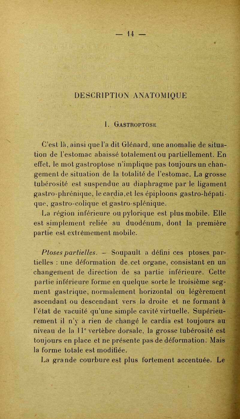 DESCRIPTION ANATOMIQUE 1. Gastroptose C’est là, ainsi que l’a dit Glénard, une anomalie de situa- tion de l’estomac abaissé totalement ou partiellement. En effet, le mot gastroptose n’implique pas toujours un chan- gement de situation de la totalité de l’estomac. La grosse tubérosité est suspendue au diaphragme par le ligament gastro-phrénique, le cardia,et les épiploons gastro-hépati- que, gastro-colique et gastro-splénique. La région inférieure ou pylorique est plus mobile. Elle est simplement reliée au duodénum, dont la première partie est extrêmement mobile. Ptoses partielles. - Soupault a défini ces ptoses par- tielles : une déformation de cet organe, consistant en un changement de direction de sa partie inférieure. Cette partie inférieure forme en quelque sorte le troisième seg- ment gastrique, normalement horizontal ou légèrement ascendant ou descendant vers la droite et ne formant à l’état de vacuité qu’une simple cavité virtuelle. Supérieu- rement il n’y a rien de changé le cardia est toujours au niveau de la 11e vertèbre dorsale, la grosse tubérosité est toujours en place et ne présente pas de déformation. Mais la forme totale est modifiée. La grande courbure est plus fortement accentuée. Le