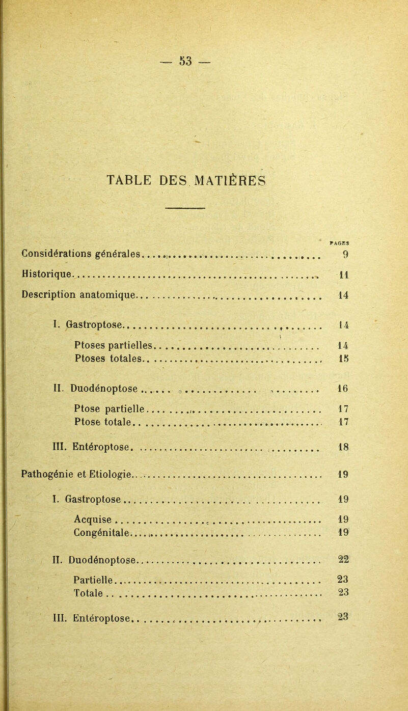 TABLE DES MATIÈRES FAGES Considérations générales 9 Historique 11 Description anatomique 14 I. Gastroptose 14 V Ptoses partielles 14 Ptoses totales 18 II. Duodénoptose ....... 16 Ptose partielle 17 Ptose totale 17 III. Entéroptose 18 Pathogénie et Etiologie 19 I. Gastroptose 19 Acquise , 19 Congénitale— 19 II. Duodénoptose 22 Partielle.. 23 Totale 23 III. Entéroptose 23