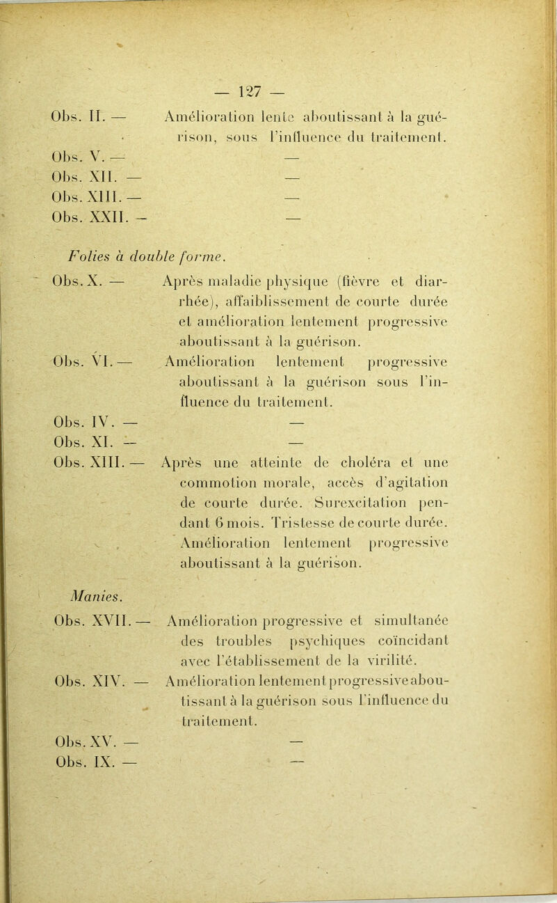 Obs. II. — Amélioration lente aboutissant à la gué- rison, sous rinlluence du traitement. Obs. V. — — Obs. XII. — — Obs. XIII.— — Obs. XXII. - — Folies à double forme. Obs.X. — Après maladie physique (fièvre et diar- rhée), affaiblissement de courte durée et amélioration lentement progressive aboutissant à la guérison. Obs. VI.— Amélioration lentement progressive aboutissant à la guérison sous fin- fluence du traitement. Obs. IV. — — Obs. XI. - — Obs. XIII. — Après une atteinte de choléra et une commotion morale, accès d’agitation de courte durée. Surexcitation pen- dant 6 mois. Tristesse de courte durée. Amélioration lentement progressive aboutissant à la guérison. Manies. Obs. XVII.— Amélioration progressive et simultanée des troubles psychiques coïncidant avec l’établissement de la virilité. Obs. XIV. — Améliorationlentementprogressiveabou- tissant à la guérison sous l’intluencedu traitement. Obs. XV. — -