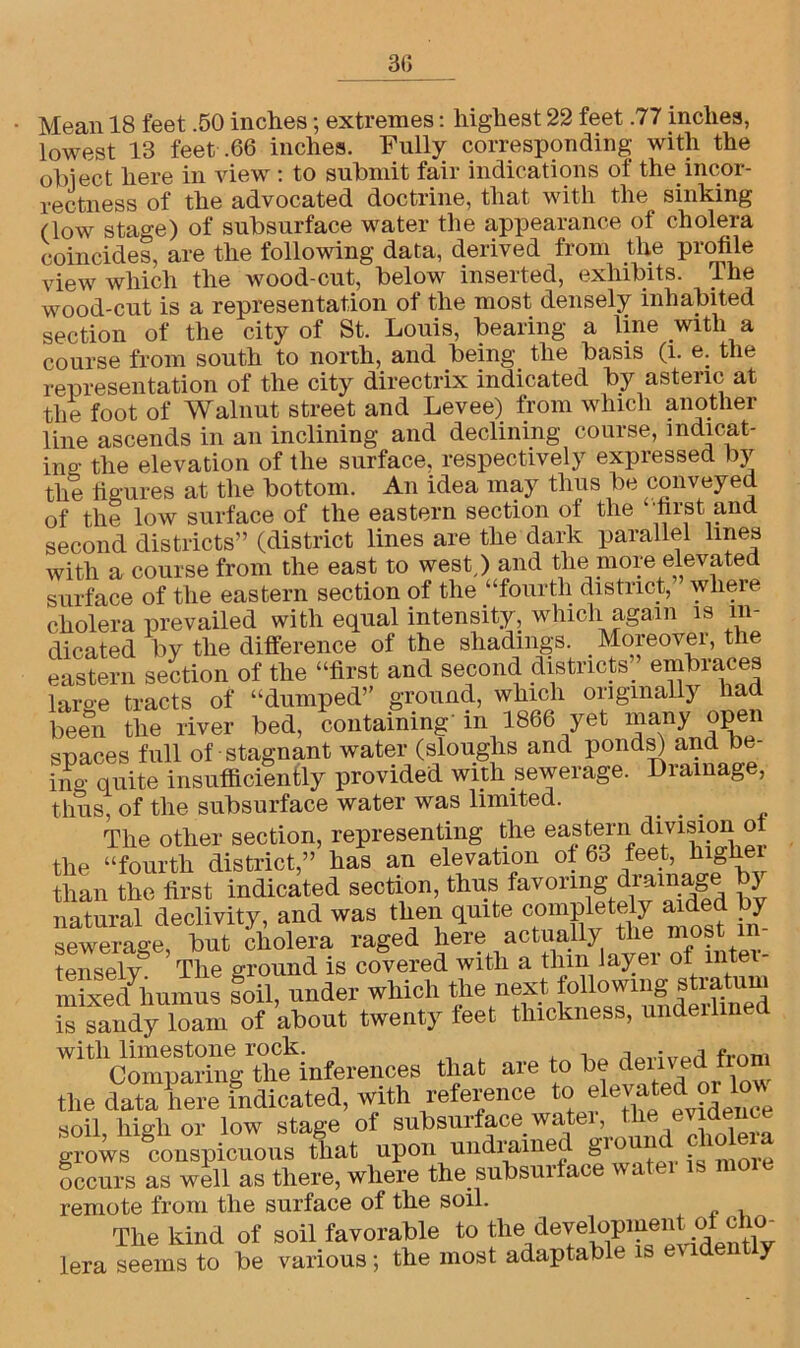 3(> Mean 18 feet .50 inches; extremes: highest 22 feet .77 inches, lowest 13 feet .66 inches. Fully corresponding with the obiect here in view : to submit fair indications of the incor- rectness of the advocated doctrine, that with the sinking (low stage) of subsurface water the appearance of cholera coincides, are the following data, derived from the piofile view which the wood-cut, below inserted, exhibits. The wood-cut is a representation of the most densely inhabited section of the city of St. Louis, bearing a line with a course from south to north, and being the basis (l. e. the representation of the city directrix indicated by astenc at the foot of Walnut street and Levee) from which another line ascends in an inclining and declining course, indicat- ing the elevation of the surface, respectively expressed by the figures at the bottom. An idea may thus be conveyed of the low surface of the eastern section of the •first and second districts” (district lines are the dark parallel lines with a course from the east to west,) and the more elevated surface of the eastern section of the “fourth district ” where cholera prevailed with equal intensity, which again is in- dicated by the difference of the shadings Moreover the eastern section of the “first and second districts_ embiaces laroe tracts of “dumped” ground, which originally had been the river bed, containing' in 1866 yet many open spaces full of stagnant water (sloughs and ponds) and be- ino- quite insufficiently provided with sewerage. Drainage, thus, of the subsurface water was limited. _ The other section, representing the eastern dl,vl®1?“ ^ the “fourth district,” has an elevation of 63 feet, hi lie than the first indicated section, thus favoring drainage b) natural declivity, and was then quite completely aided by sewerage, but cholera raged here actually the most in tensely The ground is covered with a thin layer of mtei- mixed7humus soil, under wliich the next following stratum ! sandy loam of about twenty feet thickness, underlined W“Ctagrth?inferences that are to be derived from the data here indicated, with reference to emm soil, high or low stage of subsurface watei, the eviden ^ grows conspicuous that upon un drained £ - ore occurs as well as there, where the. subsuifae ■ remote from the surface of the soil. The kind of soil favorable to the development of cho- lera seems to be various; the most adaptable is evidently