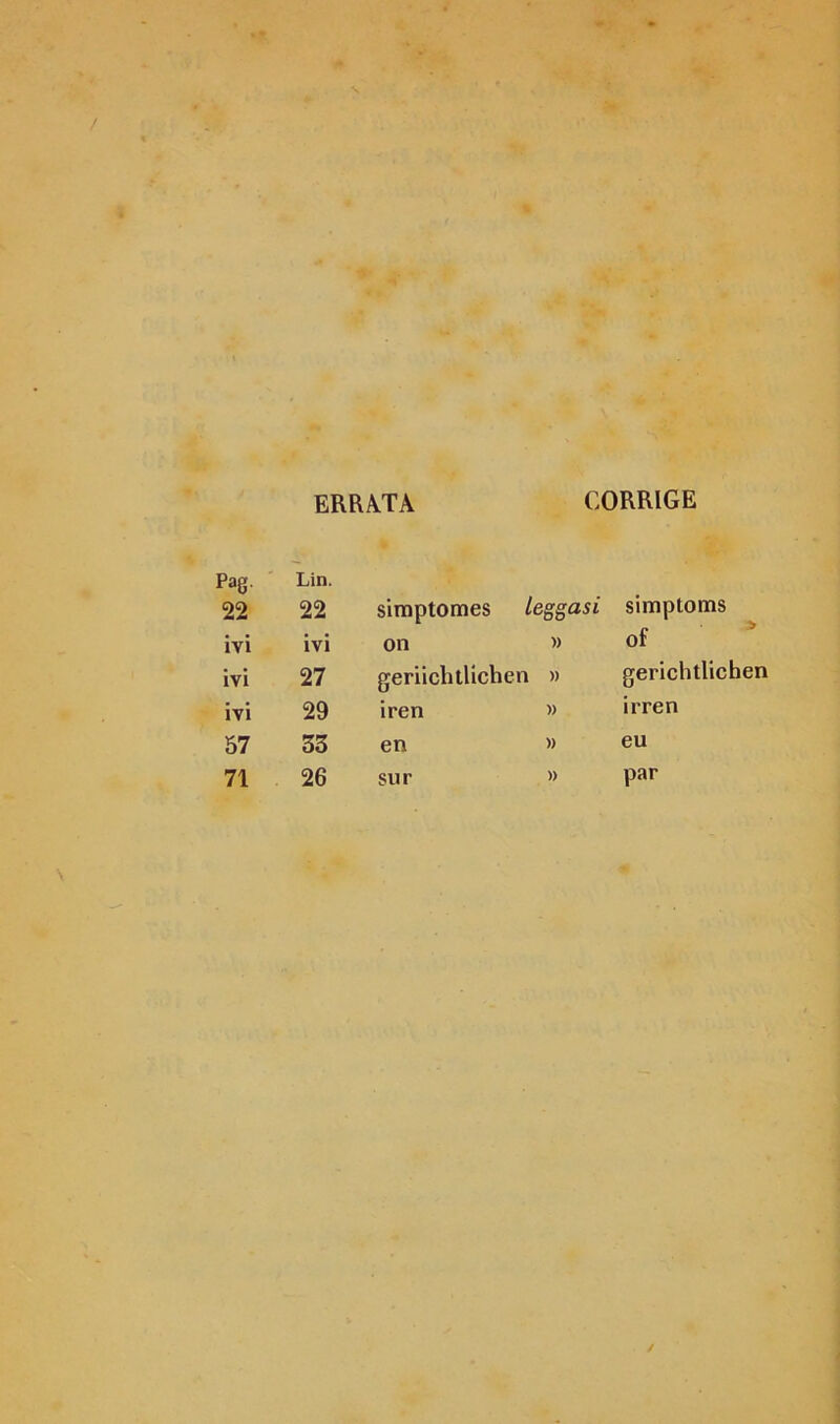 / ERRATA CORRIGE Pag. 22 Lin. 22 simptomes leggasi simptoms ivi ivi on » of ivi 27 geriichtlichen » gerichtlichen ivi 29 iren w irren 57 33 en » eu 71 26 sur » par