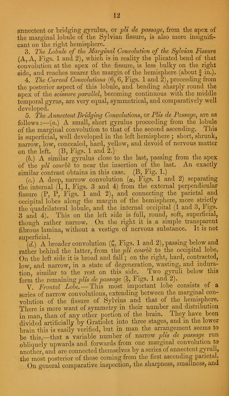 annectent or bridging gyrulus, or pli de passage, from the apex of the marginal lobule of the Sylvian fissure, is also more insignifi- cant on the right hemisphere. 3. The Lobule of the Marginal Convolution of the Sylvian Fissure (A, A, Figs. 1 and 2), which is in reality the plicated bend of that convolution at the apex of the fissure, is less bulky on the right side, and reaches nearer the margin of the hemisphere (about f in.). 4. The Curved Convolutions (6, 6, Figs. 1 and 2), proceeding from the posterior aspect of this lobule, and bending sharply round the apex of the scissure parallel, becoming continuous with the middle temporal gyrus, are very equal, symmetrical, and comparatively well developed. 5. The Annectent Bridging Convolutions, or PCs de Passage, are as follows :—(a.) A small,' short gyrulus proceeding from the lobule of the marginal convolution to that of the second ascending. This is superficial, well developed in the left hemisphere ; short, shrunk, narrow, low, concealed, hard, yellow, and devoid of nervous matter on the left. (B, Figs. 1 and 2.)- (b.) A similar gyrulus close to the last, passing from the apex of the pli courbb to near the insertion of the last. An exactly similar contrast obtains in this case. (B, Fig. 1.) (c.) A deep, narrow convolution (a, Figs. 1 and 2) separating the internal (I, I, Figs. 3 and 4) from the external perpendicular fissure (P, P, Figs.'1 and 2), and connecting the parietal and occipital lobes along the margin of the hemisphere, more strictly the quadrilateral lobule, and the internal occipital (1 and 3, Figs. 3 and 4). This on the left side is full, round, soft, superficial, though rather narrow. On the right it is a simple transparent fibrous lamina, without a vestige of nervous substance. It is not superficial. (d.) A broader convolution (6, Figs. 1 and 2), passing below and rather behind the latter, from the pli courbl to the occipital lobe. On the left side it is broad and full; on the right, hard, contracted, low, and narrow, in a state of degeneration, wasting, and indura- tion, similar to the rest on this side._ Two gyruli below this form the remaining plis de passage (b, Figs. 1 and 2). V. Frontal Lobe. — This most important lobe consists of a series of narrow convolutions, extending between the marginal con- volution of the fissure of Sylvius and that of the hemisphere. There is more want of symmetry in their number and distribution in man, than of any other portion of the brain. They have been divided artificially by Gratiolet into three stages, and in the lower brain this is easily verified, but in man the arrangement seems to be this,—that a variable number of narrow plis de passage run obliquely upwards and forwards from one marginal convolution to another, and are connected themselves by a series ot annectent gyiuli, the most posterior of these coming from the first ascending parietal. On general comparative inspection, the sharpness, smallness, and