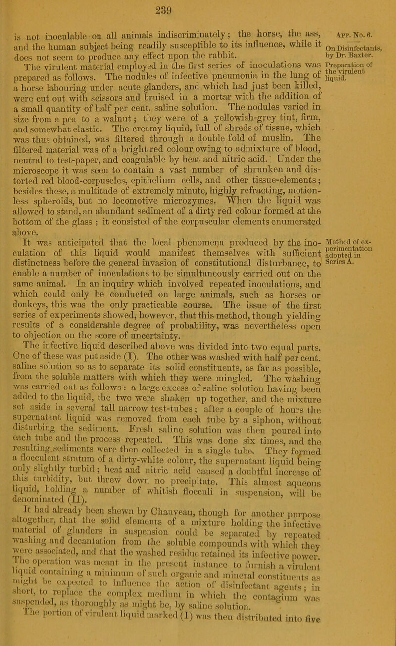 is not inoculnble on all animals indiscriminately; the horse, the ass, and the human subject being readily susceptible to its influence, while it does not seem to produce any effect upon the rabbit. The virulent material employed in the first scries of inoculations was prepared as follows. The nodules of infective pneumonia in the lung of a horse labouring under acute glanders, and which had just been killed, were cut out with scissors and bruised in a mortar with the addition of a small quantity of half per cent, saline solution. The nodules varied in size from a pea to .a walnut; they were of a yellowish-grey tint, firm, and somewhat elastic. The creamy liquid, full of shreds of tissue, which was thus obtained, was filtered through a double fold of muslin. The filtered material was of a bright red colour owing to admixture of blood, neutral to test-paper, and coagulable by heat and nitric acid. Under the microscope it was seen to contain a vast number of shrunken and dis- torted red blood-corpuscles, epithelium cells, and other tissue-elements; besides these, a multitude of extremely minute, highly refracting, motion- less spheroids, but no locomotive microzymes. When the liquid was allowed to stand, an abundant sediment of a dirty red colour formed at the bottom of the glass ; it consisted of the corpuscular elements enumerated above. It was anticipated that the local phenomena produced by the ino- culation of this liquid would manifest themselves with sufficient distinctness before the general invasion of constitutional disturbance, to enable a number of inoculations to be simultaneously carried out on the same animal. In an iuquiry which involved repeated inoculations, and which could only be conducted on large animals, such as horses or donkeys, this was the only practicable course. The issue of the first series of experiments showed, however, that this method, though yielding results of a considerable degree of probability, was nevertheless open to objection on the score of uncertainty. The infective liquid described above was divided into two equal parts. One of these was put aside (I). The other was washed with half per cent, saline solution so as to separate its solid constituents, as far as possible, from the soluble matters with which they were mingled. The washing was carried out as follows : a large excess of saline solution having been added to the, liquid, the two were shaken up together, and the mixture set aside in several tall narrow test-tubes; after a couple of hours the supernatant liquid was removed from each tube by a siphon, without disturbing the sediment. Fresh saline solution was then poured into each tube and the process repeated. This was done six times, and the resulting.sediments were then collected in a single tube. They formed a flocculent stratum of a dirty-white colour, the supernatant liquid being only slightly turbid ; heat and nitric acid caused a doubtful increase o1! tins turbidity, but threw down no precipitate. This almost aqueous liquid, holding a number of whitish flocculi in suspension, will be denominated (II). It had already been shewn by Chauveau, though for another purpose altogether, that the solid elements of a mixture holding the infective material ot glanders in suspension could be separated by repeated washing and decantation from the soluble compounds with which they were associated, and that the washed residue retained its infective power, the operation was meant in the present instance to furnish a virulent liquid containing a. minimum of such organic and mineral constituents as might be expected to influence the action of disinfectant agents • in slioit, to replace the complex medium in which the contagium was suspended, as thoroughly as might be, by saline solution. 1 he portion of virulent liquid marked (I) was then distributed into five App. No. 6. On Disinfectants, by Dr. Baxter. Preparation of the virulent liquid. Method of ex- perimentation adopted in Series A.