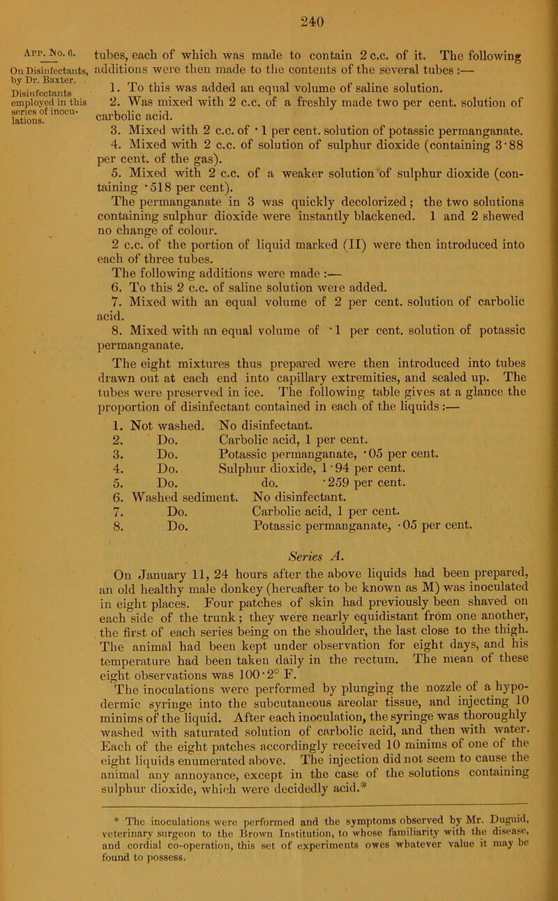 APP. Jio. 6. On Disinfectants, by Dr. Baxter. Disinfectants omployed in this series of inocu- lations. tubes, each of which was made to contain 2 c.c. of it. The following additions were then made to the contents of the several tubes :— 1. To this was added an equal volume of saline solution. 2. Was mixed with 2 c.c. of a freshly made two per cent, solution of carbolic acid. 3. Mixed with 2 c.c. of • 1 per cent, solution of potassic permanganate. 4. Mixed with 2 c.c. of solution of sulphur dioxide (containing 3'88 per cent, of the gas). 5. Mixed with 2 c.c. of a weaker solution of sulphur dioxide (con- taining *518 per cent). The permanganate in 3 was quickly decolorized; the two solutions containing sulphur dioxide were instantly blackened. 1 and 2 shewed no change of colour. 2 c.c. of the portion of liquid marked (II) were then introduced into each of three tubes. The following additions were made 6. To this 2 c.c. of saline solution were added. 7. Mixed with an equal volume of 2 per cent, solution of carbolic acid. 8. Mixed with an equal volume of • 1 per cent, solution of potassic permanganate. The eight mixtures thus prepared were then introduced into tubes drawn out at each end into capillary extremities, and sealed up. The tubes were preserved in ice. The following table gives at a glance the proportion of disinfectant contained in each of the liquids:— 1. Not washed. No disinfectant. 2. Do. Carbolic acid, 1 per cent. 3. Do. Potassic permanganate, • 05 per cent. 4. Do. Sulphur dioxide, 1 ‘ 94 per cent. 5. Do. do. '259 per cent. 6. Washed sediment. No disinfectant. 7. Do. Carbolic acid, 1 per cent. 8. Do. Potassic permanganate, -05 per cent. Series A. On January 11, 24 hours after the above liquids had been prepared, an old healthy male donkey (hereafter to be known as M) was inoculated in eight places. Four patches of skin had previously been shaved on each side of the trunk; they were nearly equidistant from one another, the first of each series being on the shoulder, the last close to the thigh. The animal had been kept under observation for eight days, and his temperature had been taken daily in the rectum. The mean of these eight observations was 100 • 2° F. The inoculations were performed by plunging the nozzle of a hypo- dermic syringe into the subcutaneous areolar tissue, and injecting 10 minims of the liquid. After each inoculation, the syringe was thoroughly washed with saturated solution of carbolic acid, and then with water. Each of the eight patches .accordingly received 10 minims of one of the eight liquids enumerated above. The injection did not seem to cause the animal any annoyance, except in the case of the solutions containing sulphur dioxide, which were decidedly acid.* * The inoculations were performed and the symptoms observed by Mr. Duguid, veterinary surgeon to the Brown Institution, to whose familiarity with the disease, and cordial co-operation, this set of experiments owes whatever value it may be found to possess.