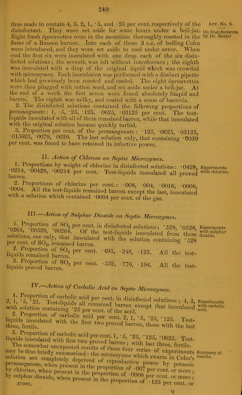 thus made to contain 4, 3, 2, 1, 5, and -25 per cent, respectively of the App. No. 6. disinfectant. They were set aside for some hours under a bell-jar. On Disinfectants, Eight fresh eprouvettes were in the meantime thoroughly roasted in the by Ur. Baxter flame of a Bunsen burner. Into each of these 3 c.c. of boiling Cohn were introduced, and they were set aside to cool undercover. When cool the first six were inoculated with one drop each of the six disin- fected solutions ; the seventh was left without interference ; the eighth was inoculated with a drop of the original liquid which was crowded with microzymes. Each inoculation was performed with a distinct pipette which had previously been roasted and cooled. The eight eprouvettes were then plugged with cotton wool, and set aside under a bell-jar. At the end of a week the first seven were found absolutely limpid and barren. The eighth was milky, and coated with a scum of bacteria. 2. The disinfected solutions contained the following proportions of permanganate: 1, •5, -25, '125, -0625, ‘03125 per cent. The test- liquids inoculated with all of them remained barren, while that inoculated with the original solution became quickly turbid. 3. Proportion per cent, of the permanganate: ‘125, ‘0625, ‘03125, 015625, 0079, ‘0039. The last solution only, that containing '0039 per cent, was found to have retained its infective power. II. Action of Chlorine on Septic Microzymes. nLPrr±nS jLWfght of chlorine iu disinfected solutions : -0428, Experiments barren °°428, '00214 Per cent- Test-liquids inoculated all proved with clllorine- .nnn7r°^°nti?ns °f ,?hl?rine Per cent.: ‘008, ‘004, ‘0016, ‘0008, ... 4' , . t le test-liquids remained barren except the last, inoculated with a solution which contained ‘0004 per cent, of the gas. 111. Action of Sulphur Dioxide on Septic Microzymes. periTTsO™ relitambaHen'd Wh th8 S0l“ti0n cont“ta“S '528 2. Proportion of S02 per cent. ‘495, -248, -123. All the test liquids remained barren. ue tcst .. 3. Pioportion of S02 per cent. -552, -776 -194 All tho t„c+ liquids proved barren. ’ AJ4' A1 tbe test_ IV. Action of Carbolic Acid on Septic Microzymes. 2, 1; Pr-Si0T°LCil°S mdr!ZiZt,ia disifcted ; 4, 3, E.ucri,,,™,, with solution containing -25 pel c7nt“tf iXT*1* liqnidaTnS^a *’ i25- 'I25' Test- three, fertile. V° pr0Ved barren> tb<>se with the last ^. Proportion of carbolic acid per cent. ] ■ 5 *25 -i o x -nror rP liquids inoculated with first two proved barren - with ht th i f The somewhat unexpected results of tl,00 c U .last *hlee> fertile, may be thus briefly summarised - the miernf f°U1’ °f exPeriments Summary of solution are completely deprived nf itn 3 ,mes'vIuch swai’m in Colin’s rcs,llts‘ permanganate, when prLn'Tnlhe 1EnT^f™ * f* by chlonne, when present in the proportionof foo™ PW Cent or more 5 y ’T:: when ^ propir„v.^“r:; Q