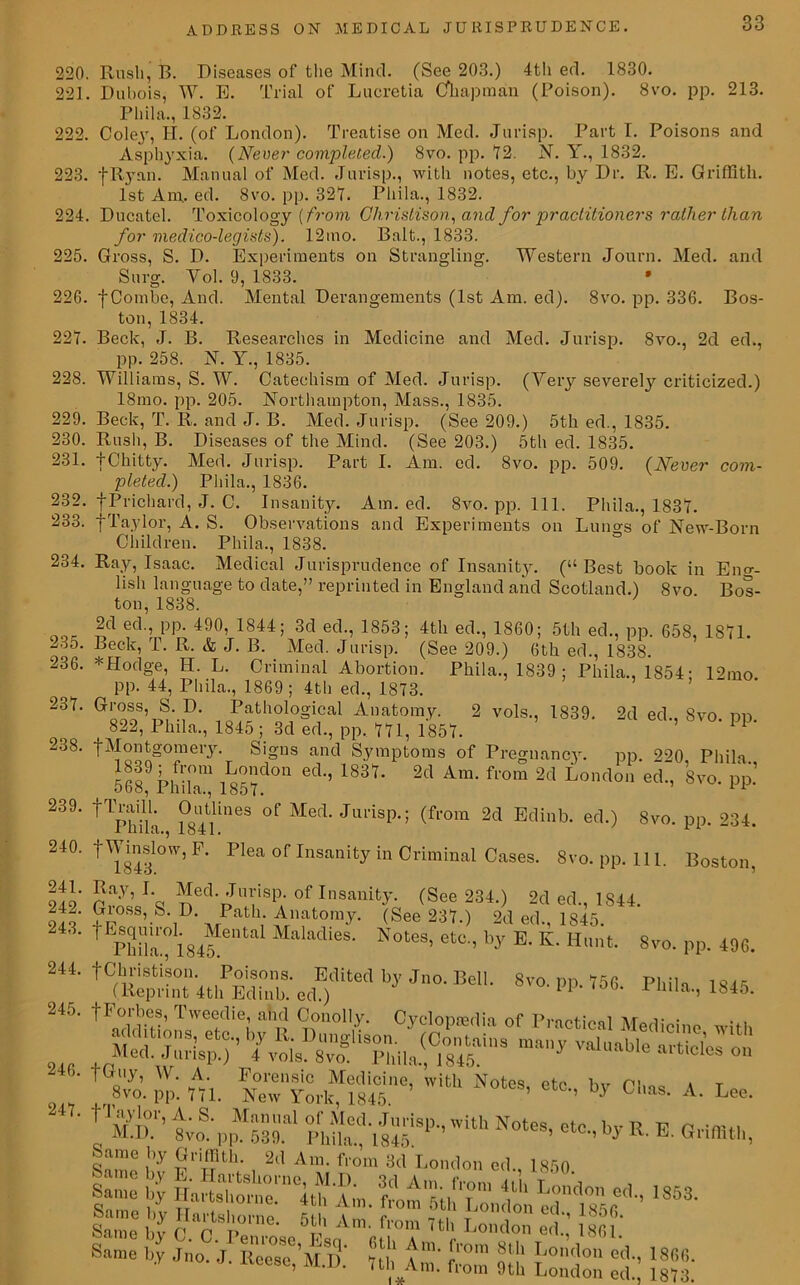 220. 22], 1830. 222. 223. 224. 225. 226. 221. 228. Rush, B. Diseases of the Mind. (See 203.) 4th ed. Dubois, W. E. Trial of Lucretia Chapman (Poison). 8vo. pp. 213. Phila., 1832. Coley, H. (of London). Treatise on Med. Jurisp. Part T. Poisons and Asphyxia. (Never completed.) 8vo. pp. 12. N. Y., 1832. fRyan. Manual of Med. Jurisp., with notes, etc., by Dr. R. E. Griffith. 1st Am, ed. 8vo. pp. 321. Phila., 1832. Ducatcl. Toxicology (from Christison, and for practitioners rather than for medico-legists). 12mo. Balt., 1833. Gross, S. D. Experiments on Strangling. Western Journ. Med. and Surg. Vol. 9, 1833. f Combe, And. Mental Derangements (1st Am. ed). 8vo. pp. 336. Bos- ton, 1834. 8vo., 2d ed., 229. 230. 231. 232. 233. 234. 235. 236. 231. 238. 239. 240. Beck, J. B. Researches in Medicine and Med. Jurisp. pp. 258. IST. Y., 1835. Williams, S. W. Catechism of Med. Jurisp. (Very severely criticized.) 18mo. pp. 205. Northampton, Mass., 1835. Beck, T. R. and J. B. Med. Jurisp. (See 209.) 5th ed., 1835. Rush, B. Diseases of the Mind. (See 203.) 5th ed. 1835. tChitty. Med. Jurisp. Part I. Am. ed. 8vo. pp. 509. (Never com- pleted.) Phila., 1836. fPrichard, J. C. Insanity. Am. ed. 8vo. pp. 111. Phila., 1831. tTaylor, A. S. Observations and Experiments on Luiws of New-Born Children. Phila., 1838. Ray, Isaac. Medical Jurisprudence of Insanity. (“Best book in Eng- lish language to date,” reprinted in England and Scotland.) 8vo. Bos- ton, 1838. 2d ed., pp. 490, 1844; 3d ed., 1853; 4th ed., 1860; 5th ed., pp. 658, 1811. Beck, T. R. & J. B. Med. Jurisp. (See 209.) 6th ed., 1838. * Hodge, H. L. Criminal Abortion. Phila., 1839 ; Phila., 1854- 12mo pp. 44, Phila., 1869; 4th ed., 1813. S™s'5',D' Pathological Anatomy. 2 vols., 1839. 2d ed., 8vo. pp. 822, Phila., 1845 ; 3d ed., pp. HI, 1851. 1 fMontgomery. Sigus and Symptoms of Pregnancy. pp. 220 Phila 5el9 kdlT I851ld011 ed'’ 183t' 2d Am‘ from 2d London ed., 8vo. pp! tTradl. Outlines of Med. Jurisp.; (from 2d Edinb. ed.) Phila., 1841. ' F' FIea of Insanity in Criminal Cases. 8vo. pp. 111. Boston. 8vo. pp. 234. 241. 242. 243. 244. 245. 246. 241. Ray, I Med. Jurisp. of Insanity. (See 234.) 2d ed., 1844. Gloss, S. D. Path. Anatomy. (See 231.) 2d ed., 1845. f Phila'fis “ Maladies. Notes, etc., by E. K. Hunt. 8vo. pp. 496. fChristison. Poisons. Edited by Jno. Bell. 8vo. pp. 156 Phila i8ir, (Reprint 4th Edinb. ed.) 11 1 mia*» 1845- t0»% PP. in. ’Wit NOtCS’ * Chas. A. Lee. pW °AfC.,8?P-’Wtth N°tC9’ etC-’*VR- * <*■*, > ame by Griffith. 2d Am. from 3d London ed.. 1850. i to 11 ou rionuon ed., 1850 Same by E. Hartshorne, M.I). 3d Am (Vmn .iti, t a , Same by Hartshorne. 4th Am L?ndon edu 1853. Hz & fnr- ™ $= - & el:; ssj- h4 £ fr sa J-''!™ 1- »“• 1 ILM .vm. Horn Jth London ed., 1813.