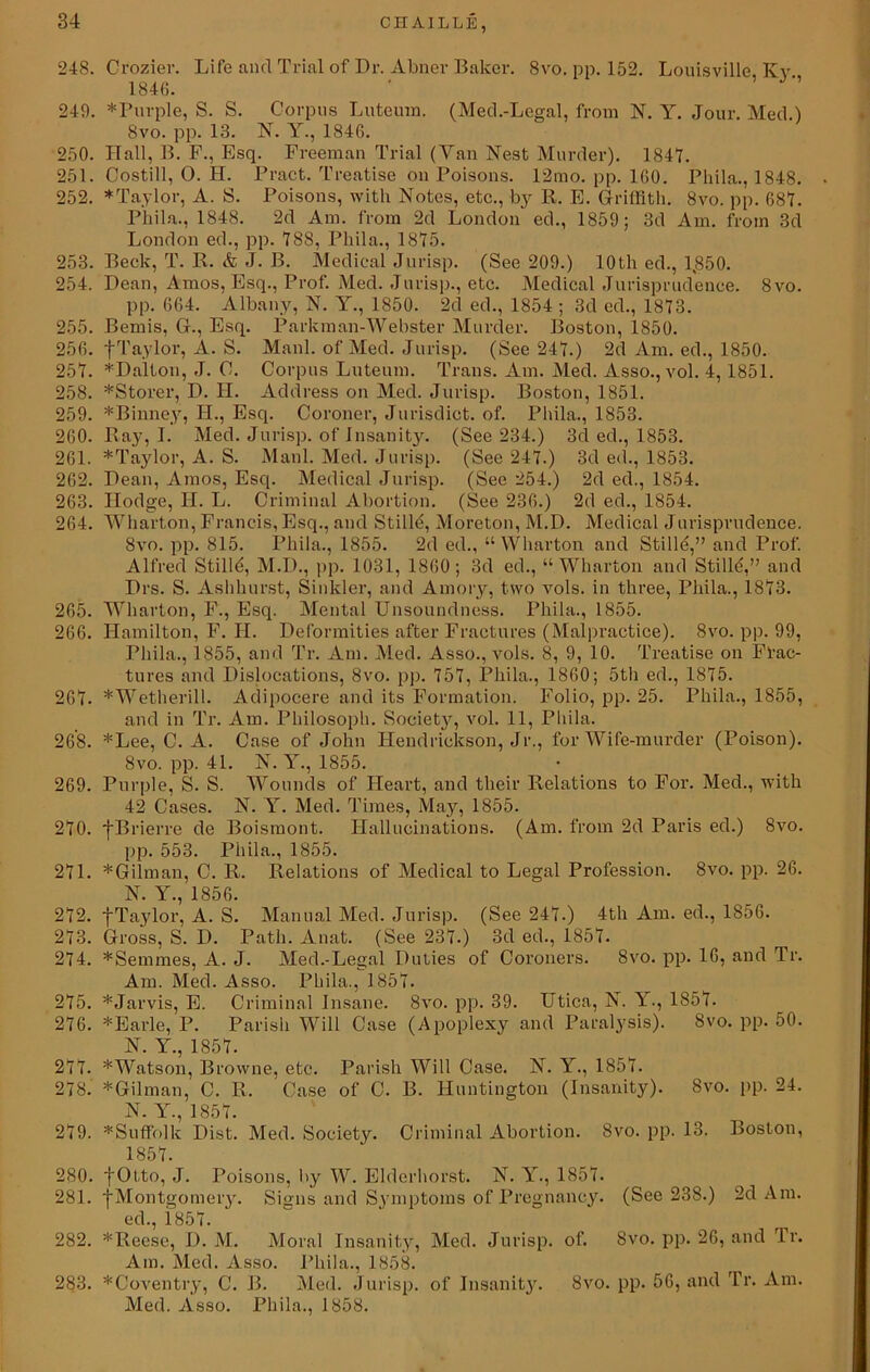 248. Crozier. Life and Trial of Dr. Abner Baker. 8vo. pp. 152. Louisville Ivy 1846. ' 249. * Purple, S. S. Corpus Luteum. (Med.-Legal, from N. Y. Jour. Med.) 8vo. pp. 13. N. Y., 1846. 250. Hall, B. F., Esq. Freeman Trial (Van Nest Murder). 1847. 251. Costill, 0. H. Pract. Treatise on Poisons. 12mo. pp. 160. Phila., 1848. 252. * Taylor, A. S. Poisons, with Notes, etc., by R. E. Griffith. 8vo. pp. 687. Phila., 1848. 2d Am. from 2d London ed., 1859; 3d Am. from 3d London ed., pp. 788, Phila., 1875. 253. Beck, T. R. & J. B. Medical Jurisp. (See 209.) 10th ed., 1,850. 254. Dean, Amos, Esq., Prof. Med. Jurisp., etc. Medical Jurisprudence. 8vo. pp. 664. Albany, N. Y., 1850. 2d ed., 1854 ; 3d ed., 1873. 255. Bemis, G., Esq. Parkman-Webster Murder. Boston, 1850. 256. fTaylor, A. S. Manl. of Med. Jurisp. (See 247.) 2d Am. ed., 1850. 257. *Dalton, J. C. Corpus Luteum. Trans. Am. Med. Asso., vol. 4, 1851. 258. *Storer, D. II. Address on Med. Jurisp. Boston, 1851. 259. *Binney, H., Esq. Coroner, Jurisdict. of. Phila., 1853. 260. Ray, I. Med. Jurisp. of Insanity. (See 234.) 3d ed., 1853. 261. *Taylor, A. S. Manl. Med. Jurisp. (See 247.) 3d ed., 1853. 262. Dean, Amos, Esq. Medical Jurisp. (See 254.) 2d ed., 1854. 263. Hodge, H. L. Criminal Abortion. (See 236.) 2d ed., 1854. 264. Wharton, Francis, Esq., and Still*}, Moreton, M.D. Medical Jurisprudence. 8vo. pp. 815. Phila., 1855. 2d ed., “Wharton and Stille,” and Prof. Alfred Stilld, M.D., pp. 1031, 1860; 3d ed., “Wharton and Stille,” and Drs. S. Ashlmrst, Sinkler, and Amory, two vols. in three, Phila., 1873. 265. Wharton, F., Esq. Mental Unsoundness. Phila., 1855. 266. Hamilton, F. H. Deformities after Fractures (Malpractice). 8vo. pp. 99, Phila., 1855, and Tr. Am. Med. Asso., vols. 8, 9, 10. Treatise on Frac- tures and Dislocations, 8vo. pp. 757, Phila., 1860; 5th ed., 1875. 267. *Wetherill. Adipocere and its Formation. Folio, pp. 25. Phila., 1855, and in Tr. Am. Philosoph. Society, vol. 11, Phila. 268. *Lee, C. A. Case of John Hendrickson, Jr., for Wife-murder (Poison). 8vo. pp. 41. N. Y., 1855. 269. Purple, S. S. Wounds of Heart, and their Relations to For. Med., with 42 Cases. N. Y. Med. Times, May, 1855. 270. fBrierre de Boismont. Hallucinations. (Am. from 2d Paris ed.) 8vo. pp. 553. Phila., 1855. 271. * Gilman, C. R. Relations of Medical to Legal Profession. 8vo. pp. 26. N. Y., 1856. 272. fTaylor, A. S. Manual Med. Jurisp. (See 247.) 4th Am. ed., 1856. 273. Gross, S. D. Path. Anat. (See 237.) 3d ed., 1857. 274. *Semmes, A. J. Med.-Legal Duties of Coroners. 8vo. pp. 16, and Tr. Am. Med. Asso. Phila., 1857. 275. *Jarvis, E. Criminal Insane. 8vo. pp. 39. Utica, N. Y., 1857. 276. *Earle, P. Parish Will Case (Apoplexy and Paralysis). 8vo. pp. 50. N. Y., 1857. 277. *Watson, Browne, etc. Parish Will Case. N. Y., 1857. 278. * Gil man, C. R, Case of C. B. Huntington (Insanity). 8vo. pp. 24. N. Y., 1857. 279. ^Suffolk Dist. Med. Society. Criminal Abortion. 8vo. pp. 13. Boston, 1857. 280. f Otto, J. Poisons, by W. Elderhorst. N. Y., 1857. 281. f Montgomery. Sirrns and Symptoms of Pregnancy. (See 238.) 2d Am. ed., 1857. 282. *Reese, D. M. Moral Insanity, Med. Jurisp. of. Svo. pp. 26, and Tr. Am. Med. Asso. Phila., 1858. 283. ^Coventry, C. B. Med. Jurisp. of Insanity. Svo. pp. 56, and Tr. Am. Med. Asso. Phila., 1858.