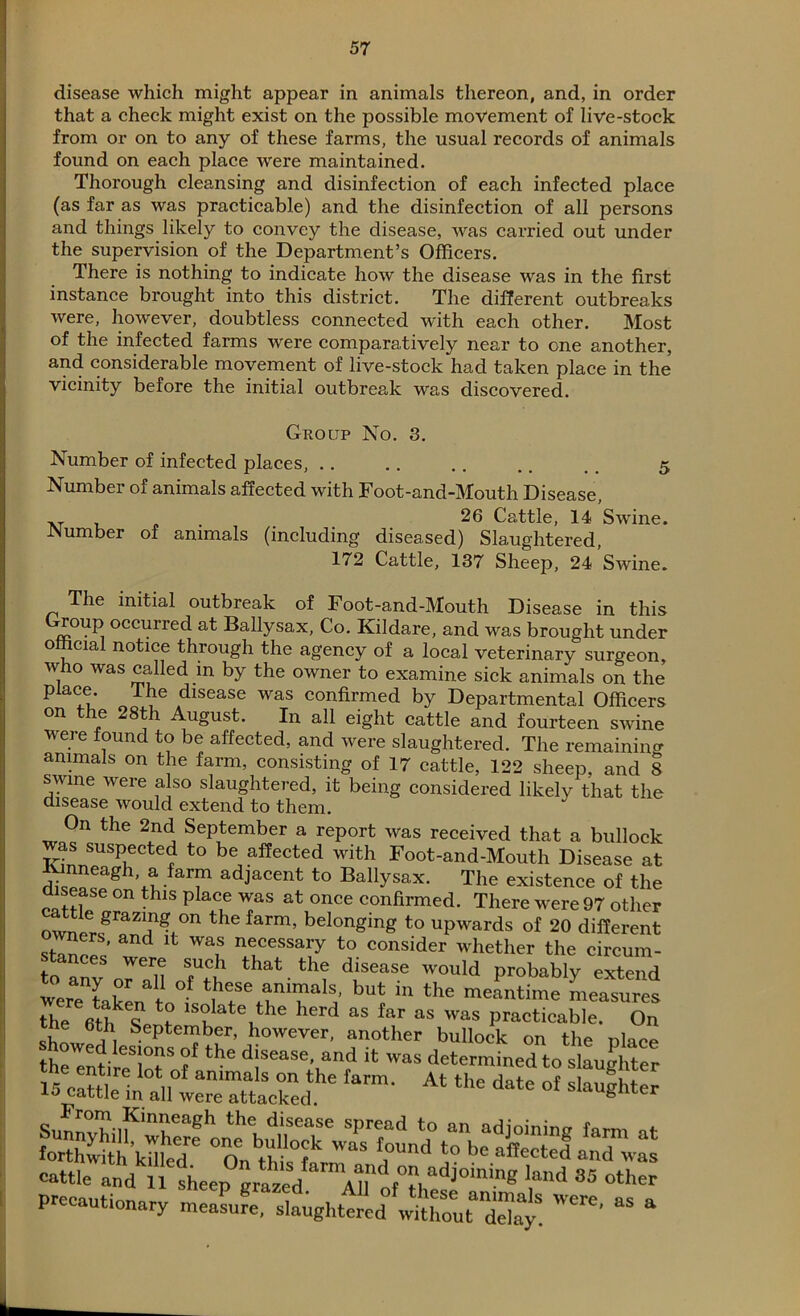 disease which might appear in animals thereon, and, in order that a check might exist on the possible movement of live-stock from or on to any of these farms, the usual records of animals found on each place were maintained. Thorough cleansing and disinfection of each infected place (as far as was practicable) and the disinfection of all persons and things likely to convey the disease, was carried out under the supervision of the Department’s Officers. There is nothing to indicate how the disease was in the first instance brought into this district. The different outbreaks were, however, doubtless connected with each other. Most of the infected farms were comparatively near to one another, and considerable movement of live-stock had taken place in the vicinity before the initial outbreak was discovered. Group No. 3. Number of infected places, .. .. .. .. _ _ 5 Number of animals affected with Foot-and-Mouth Disease, ,T 26 Cattle, 14 Swine. .Number of animals (including diseased) Slaughtered, 172 Cattle, 137 Sheep, 24 Swine. The initial outbreak of Foot-and-Mouth Disease in this roup occurred at Ballysax, Co. Kildare, and was brought under official notice through the agency of a local veterinary surgeon, who was called m by the owner to examine sick animals on the place. Ihe disease was confirmed by Departmental Officers on the 28th August. In all eight cattle and fourteen swine were found to be affected, and were slaughtered. The remaining animals on the farm, consisting of 17 cattle, 122 sheep, and 8 swine were a so slaughtered, it being considered likely that the disease would extend to them. On the 2nd September a report was received that a bullock was suspected to be affected with Foot-and-Mouth Disease at Kmneagh, a farm adjacent to Ballysax. The existence of the disease on this place was at once confirmed. There were 97 other ownprf^2^ °n thC farm’ beIonging to upwards of 20 different st- 71’ and Waf essaiT to consider whether the circum- to anv orTd 7+h th&t • th? d[sease would probably extend Were Lu 1 °f 7fe an™aIs> but m the meantime measures the 6thke<? 7 1S?>Iate.the herd as far as was practicable. On 6tb SePte™ber, however, another bullock on the place the entir^lT f ^ d;sease' and ifc was determined to slaughter 15 e-ini l0tn°f ammaIs on the farm- At the date of slaughter to cattle in all were attacked. gmer cattle and 11 sheep^grazed “AH f°Hadj0ining knd 85 “‘her precautionary measure,' slaughtered wihou“ ‘