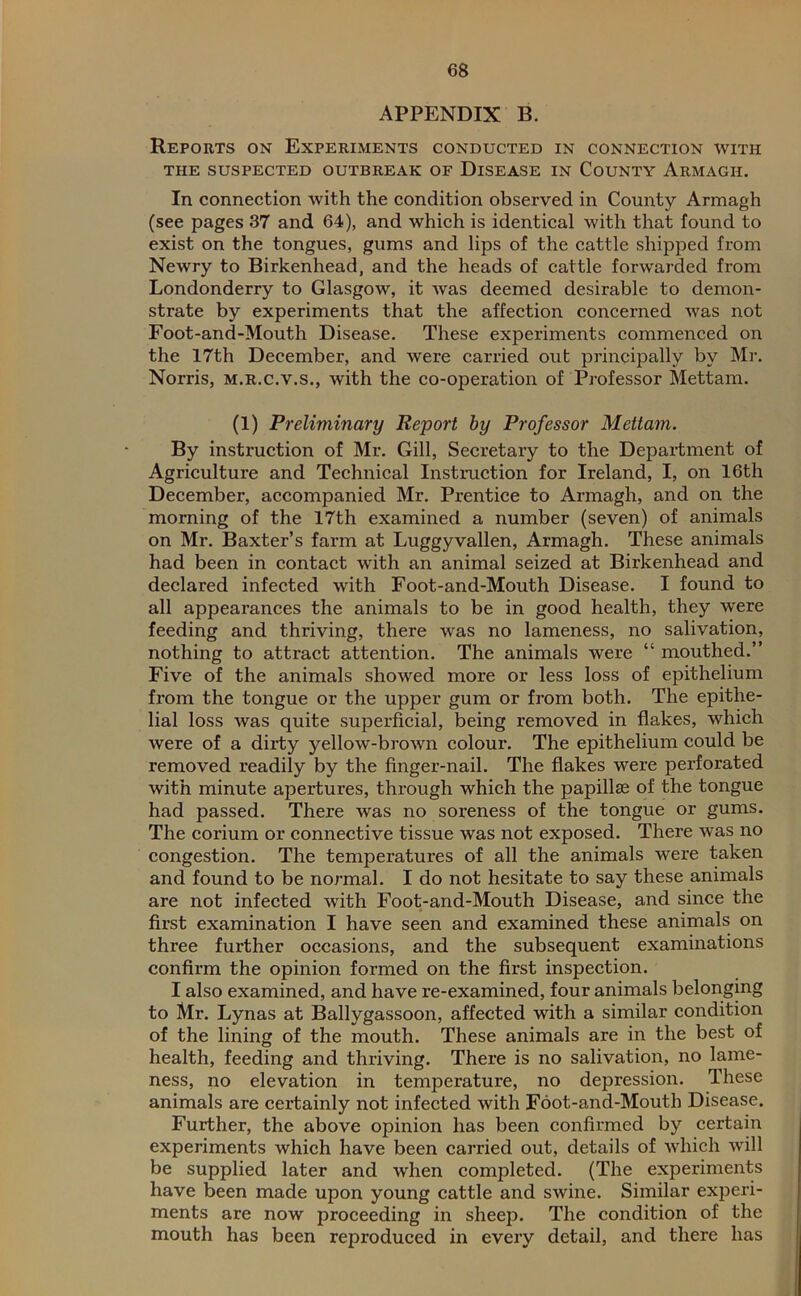 APPENDIX B. Reports on Experiments conducted in connection with THE SUSPECTED OUTBREAK OF DISEASE IN COUNTY ARMAGH. In connection with the condition observed in County Armagh (see pages 37 and 64), and which is identical with that found to exist on the tongues, gums and lips of the cattle shipped from Newry to Birkenhead, and the heads of cattle forwarded from Londonderry to Glasgow, it was deemed desirable to demon- strate by experiments that the affection concerned was not Foot-and-Mouth Disease. These experiments commenced on the 17th December, and were carried out principally by Mr. Norris, m.r.c.v.s., with the co-operation of Professor Mettam. (1) Preliminary Report by Professor Mettam. By instruction of Mr. Gill, Secretary to the Department of Agriculture and Technical Instruction for Ireland, I, on 16th December, accompanied Mr. Prentice to Armagh, and on the morning of the 17th examined a number (seven) of animals on Mr. Baxter’s farm at Luggyvallen, Armagh. These animals had been in contact with an animal seized at Birkenhead and declared infected with Foot-and-Mouth Disease. I found to all appearances the animals to be in good health, they were feeding and thriving, there was no lameness, no salivation, nothing to attract attention. The animals were “ mouthed.” Five of the animals showed more or less loss of epithelium from the tongue or the upper gum or from both. The epithe- lial loss was quite superficial, being removed in flakes, which were of a dirty yellow-brown colour. The epithelium could be removed readily by the finger-nail. The flakes were perforated with minute apertures, through which the papillae of the tongue had passed. There was no soreness of the tongue or gums. The corium or connective tissue was not exposed. There was no congestion. The temperatures of all the animals were taken and found to be normal. I do not hesitate to say these animals are not infected with Foot-and-Mouth Disease, and since the first examination I have seen and examined these animals on three further occasions, and the subsequent examinations confirm the opinion formed on the first inspection. I also examined, and have re-examined, four animals belonging to Mr. Lynas at Ballygassoon, affected with a similar condition of the lining of the mouth. These animals are in the best of health, feeding and thriving. There is no salivation, no lame- ness, no elevation in temperature, no depression. These animals are certainly not infected with Foot-and-Mouth Disease. Further, the above opinion has been confirmed by certain experiments which have been carried out, details of which will be supplied later and when completed. (The experiments have been made upon young cattle and swine. Similar experi- ments are now proceeding in sheep. The condition of the mouth has been reproduced in every detail, and there has