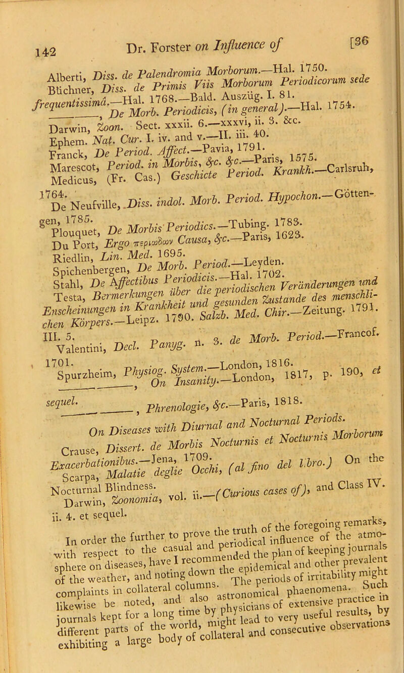 aiwh Diss de Palendromia Morborum.—Hal. 1750. b, * PrmisVin Morborum Pernod,corum *b n fer.Jcih Hal. 1754. Darwin, Zom. Sect, xxxii. 6.-™. ■'•3- &<=• K; 1575. 1 De’NeuWle).Dm. M* Morf. P«*<t Hypochon.-Gouen- gepC8uet) Be Du Port, .Ergo Trspico&wv Lansa, <yc. ’ f‘ic»„f«; S Stahl, De A^rrft6w PT^iXeriodiscJien Ver cinder ungen und Testa, Bcrmefmgen^j,^ gesunden Zustande ie, mcmchh- 0. &&. W C/«V. Zeitung. 1791. “VLtini, W. *>«*• n. 9- * Period. Trancof. 1P. 190. Phrenologie, <§r.-Paris, 1818. On Dm«m« »»** Z^ZsMoi'borum Crause, * i«s ^MrmS rf Exacerbationibus.-17°£jy /flZ ^?i0 <feZ WroJ On the Scarpa, jMafof** 1 a J Nocturnal j U.-_f Cnnons cases of), and Class Darwin, Zoonoma, voi. u. ( ii. 4*. et sequel. In order the further to of the weather, and n0^S The periods of irutabi ity n g complaints in collateral columns. ^ phaenomena. Such d