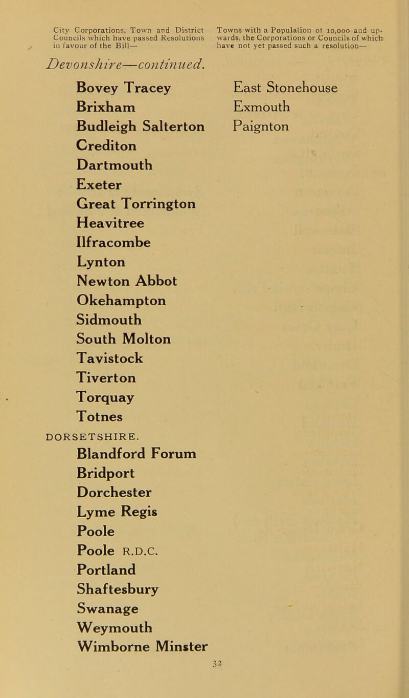 / Counciis which have passed Resolutions wards, the Corporations or Councils of which in favour of the Bill— have not yet passed such a resolution— Devonshire—continued. Bovey Tracey East Stonehouse Brixham Exmouth Budleigh Salterton Paignton Crediton Dartmouth Exeter Great Torrington Heavitree Ilfracombe Lynton Newton Abbot Okehampton Sidmouth South Molton Tavistock Tiverton Torquay Totnes DORSETSHIRE. Blandford Forum Bridport Dorchester Lyme Regis Poole Poole R.D.C. Portland Shaftesbury Swanage Weymouth Wimborne Minster