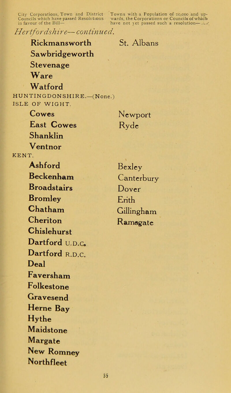 Councils which have passed Resolutions wards, the Corporations or Councils of which in favour of the Bill— have not yet passed such a resolution— ..c.r Hertfordshire—continued. Rickmansworth St. Albans Sawbridgeworth Stevenage Ware Watford HUNTINGDONSHIRE.—(None.) ISLE OF WIGHT. Cowes Newport East Cowes Shanklin Ventnor KENT. Ryde Ashford Beckenham Broadstairs Bromley Chatham Cheriton Chislehurst Dartford u.D.c, Dartford r.d.c. Deal Faversham Folkestone Gravesend Herne Bay Hythe Maidstone Margate New Romney Northfleet > Bexley Canterbury Dover Erith Gillingham Ramsgate