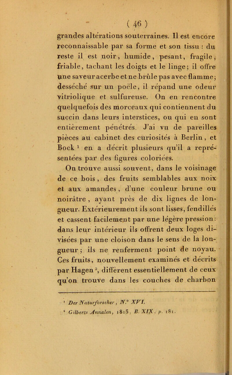 grandes altérations souterraines. Il est encore reconnaissable par sa forme et son tissu : du reste il est noir, humide, pesant, fragile, friable, tachant les doigts et le linge; il offre une saveur acerbe et ne brûle pas avec flamme; desséché sur un poêle, il répand une odeur vitriolique et sulfureuse. On en rencontre quelquefois des morceaux qui contiennent du succin dans leurs interstices, ou qui en sont entièrement pénétrés. J’ai vu de pareilles pièces au cabinet des curiosités à Berlin, et Bock 1 en a décrit plusieurs qu’il a repré- sentées par des figures coloriées. On trouve aussi souvent, dans le voisinage de ce bois , des fruits semblables aux noix et aux amandes , d’une couleur brune ou noirâtre , ayant près de dix lignes de lon- gueur. Extérieurement ils sont lisses, fendillés et cassent facilement par une légère pression: dans leur intérieur ils offrent deux loges di- visées par une cloison dans le sens de la lon- gueur ; ils ne renferment point de noyau. Ces fruits, nouvellement examinés et décrits parHagen2, diffèrent essentiellement de ceux qu’on trouve dans les couches de charbon 1 Der Naturforscher, 1Y.° XVI. * Gilbcrts Annalen, i8i5, B.XIX,-p. >8i.