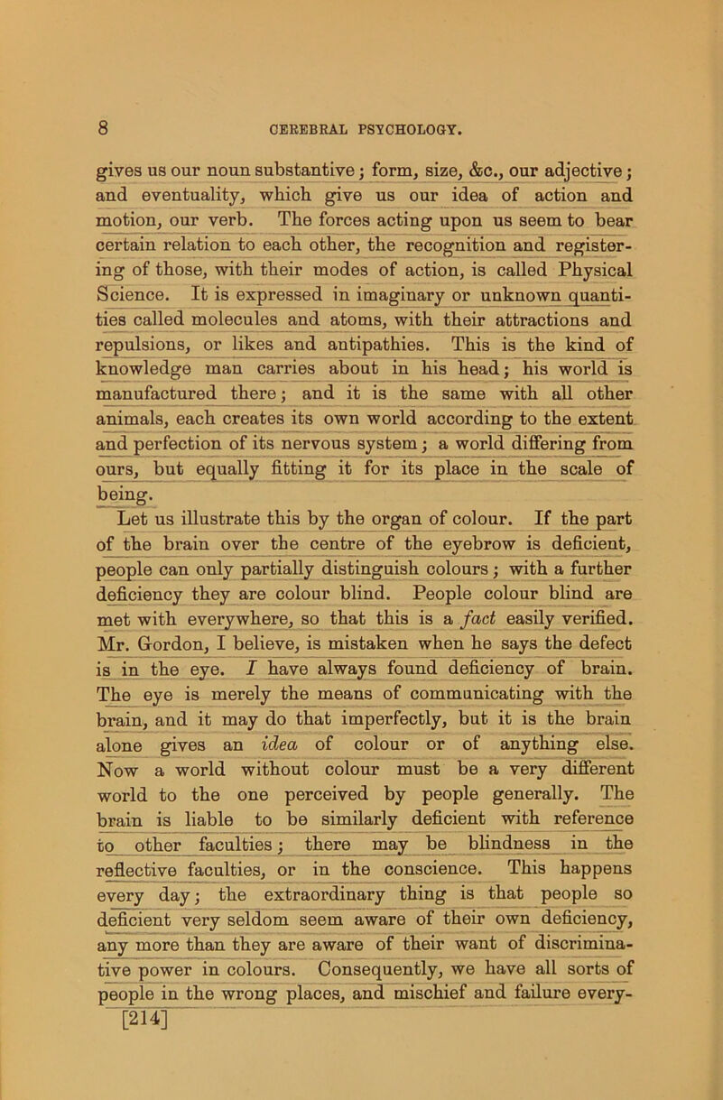 gives us our noun substantive 3 form, size, &c., our adjective3 and eventuality, which give us our idea of action and motion, our verb. The forces acting upon us seem to bear certain relation to each other, the recognition and register- ing of those, with their modes of action, is called Physical Science. It is expressed in imaginary or unknown quanti- ties called molecules and atoms, with their attractions and repulsions, or likes and antipathies. This is the kind of knowledge man carries about in his head3 his world is manufactured there3 and it is the same with all other animals, each creates its own world according to the extent and perfection of its nervous system3 a world differing from ours, but equally fitting it for its place in the scale of being. Let us illustrate this by the organ of colour. If the part of the brain over the centre of the eyebrow is deficient, people can only partially distinguish colours 3 with a further deficiency they are colour blind. People colour blind are met with everywhere, so that this is a fad easily verified. Mr. Gordon, I believe, is mistaken when he says the defect is in the eye. I have always found deficiency of brain. The eye is merely the means of communicating with the brain, and it may do that imperfectly, but it is the brain alone gives an idea of colour or of anything else. Now a world without colour must be a very different world to the one perceived by people generally. The brain is liable to be similarly deficient with reference to other faculties 3 there may be blindness in the reflective faculties, or in the conscience. This happens every day 3 the extraordinary thing is that people so deficient very seldom seem aware of their own deficiency, any more than they are aware of their want of discrimina- tive power in colours. Consequently, we have all sorts of people in the wrong places, and mischief and failure every- T2T4T